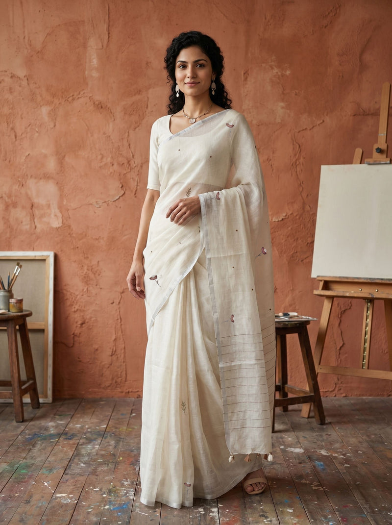 Woman in a white saree standing in an artist's studio with a brown wall and easel in the background.