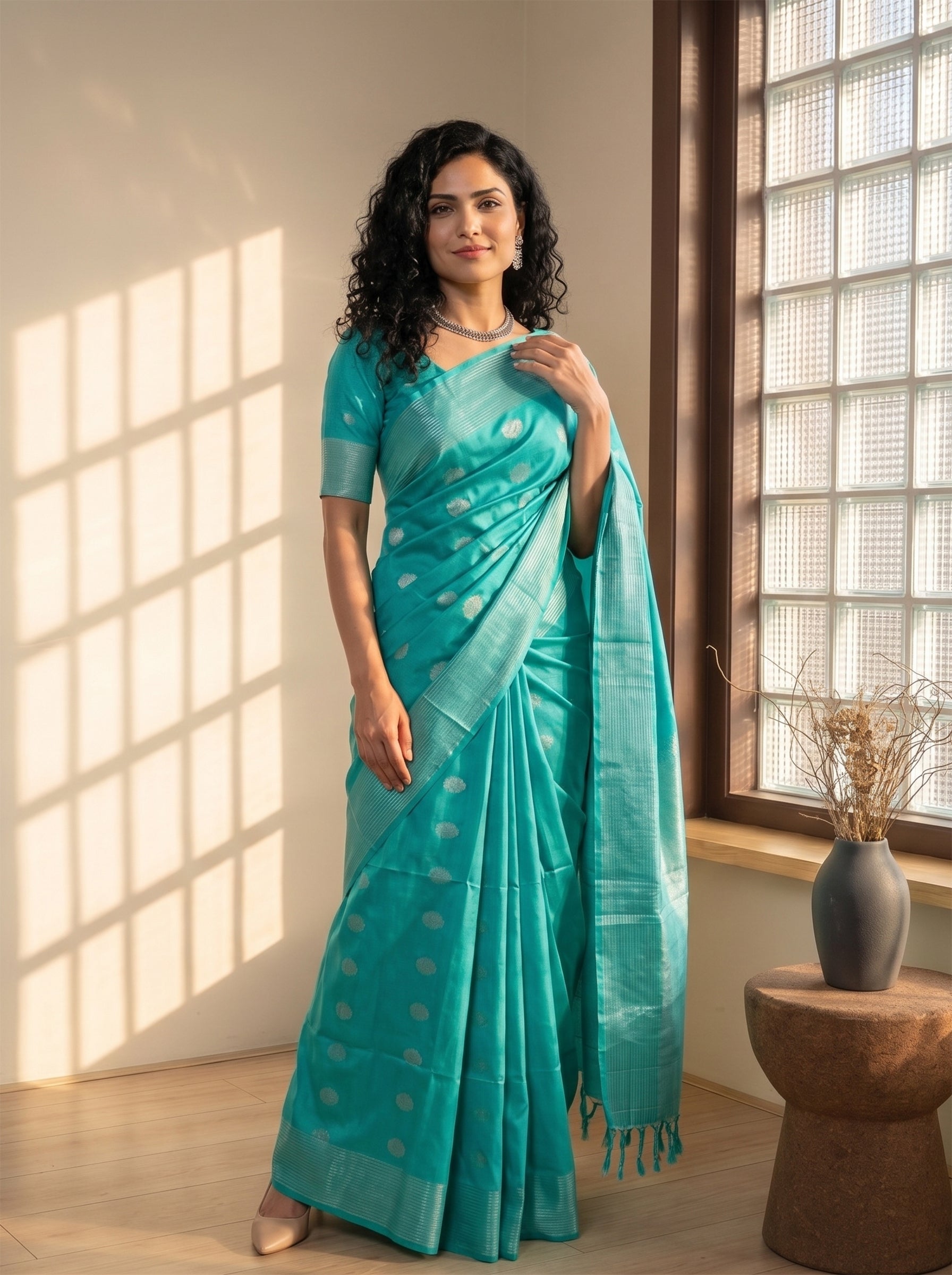 Woman in a turquoise saree standing in a room with sunlight streaming through the window.