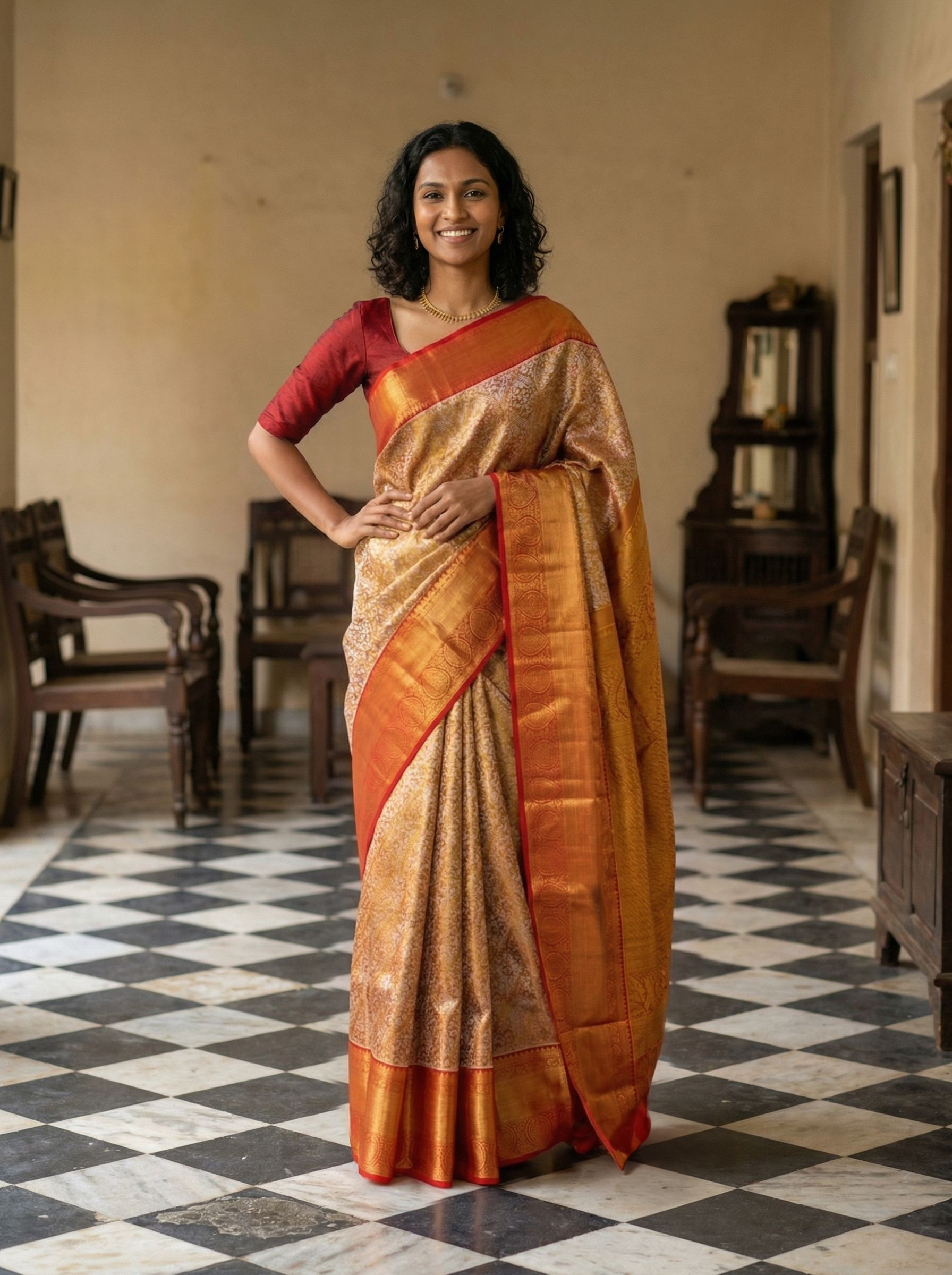 Pure silk Cream and Red All-Over Floral Brocade Saree