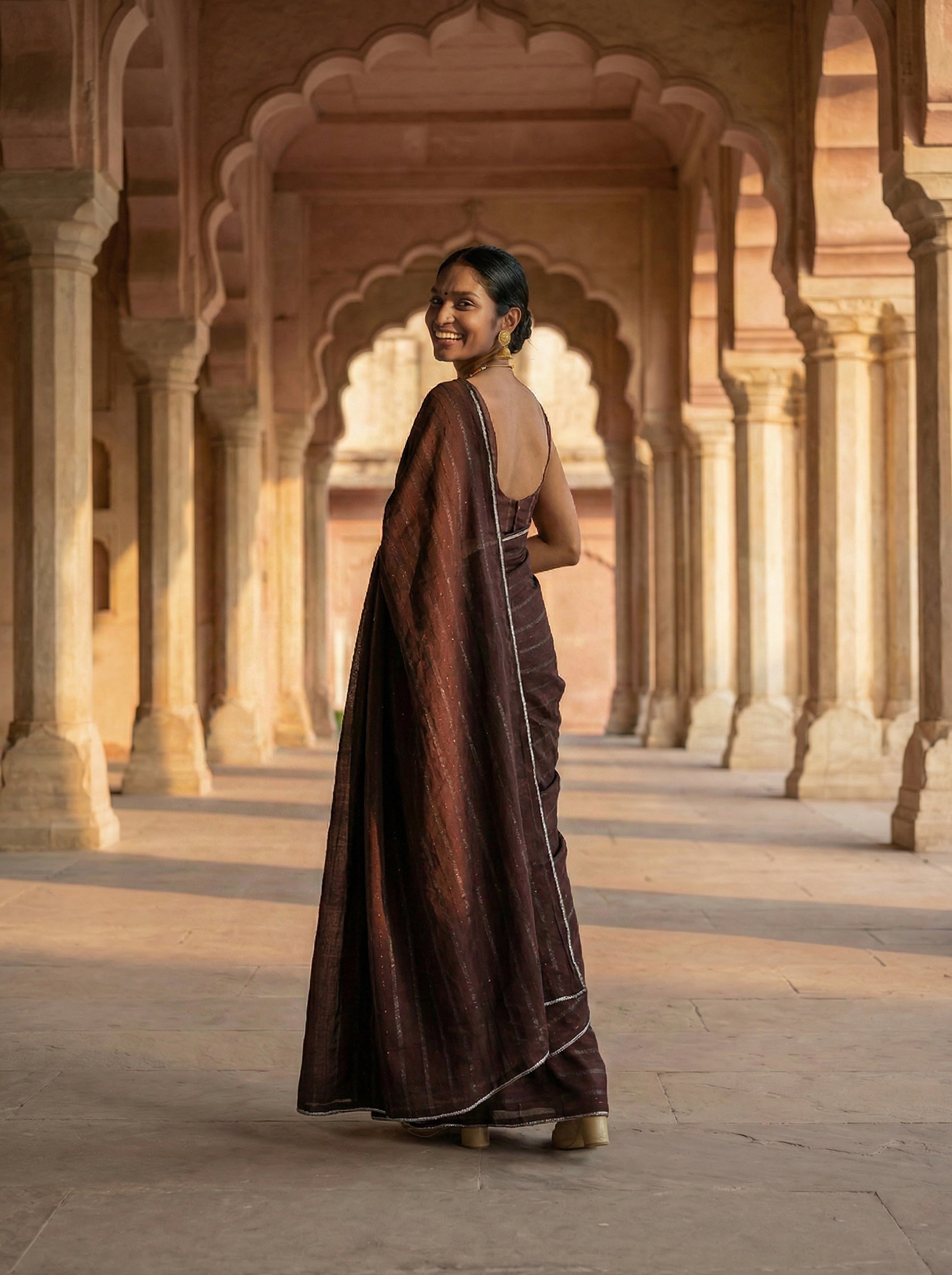 Synthetic Dark Maroon Saree with Minimal Stripe Work