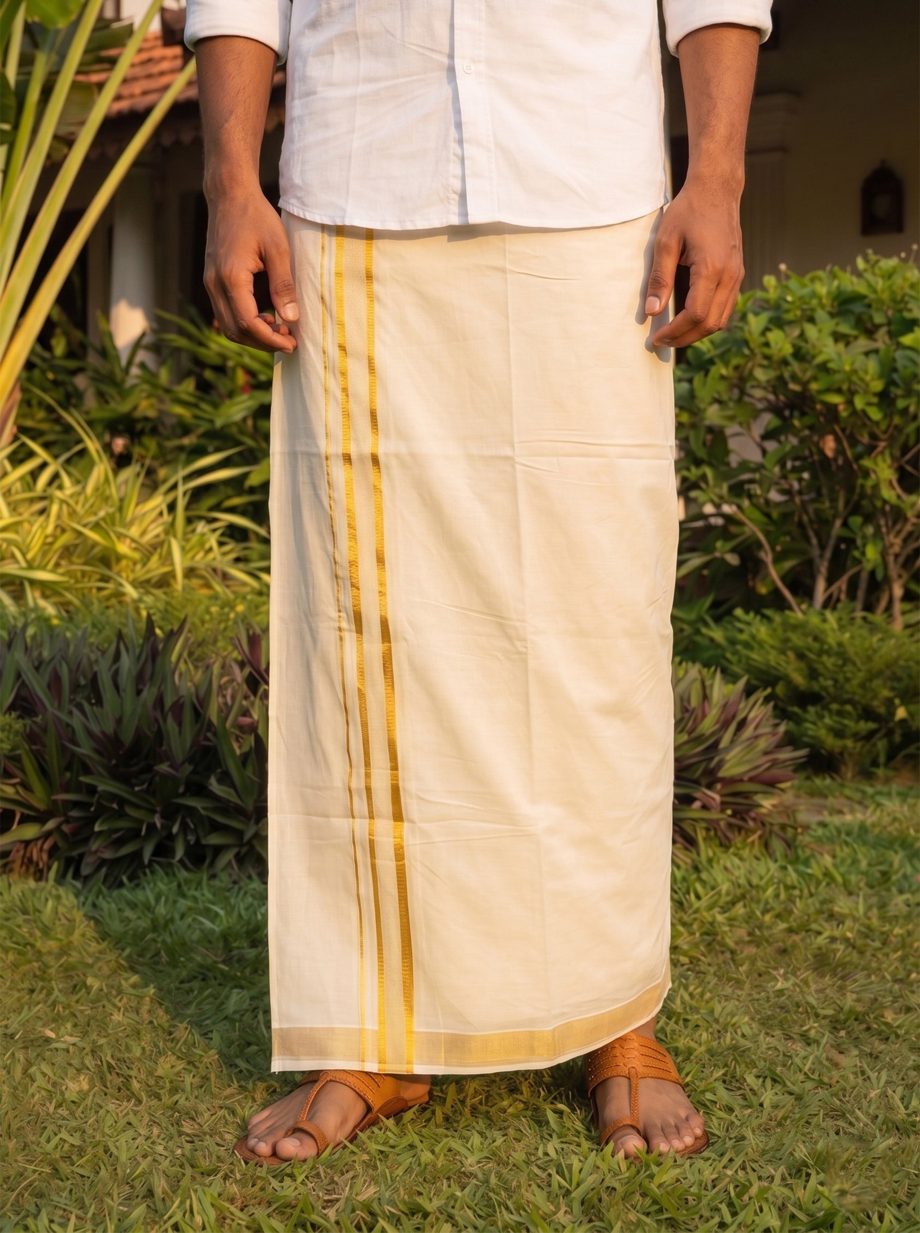 Men's Cotton Cream Traditional Wear Golden Stripe Dhoti