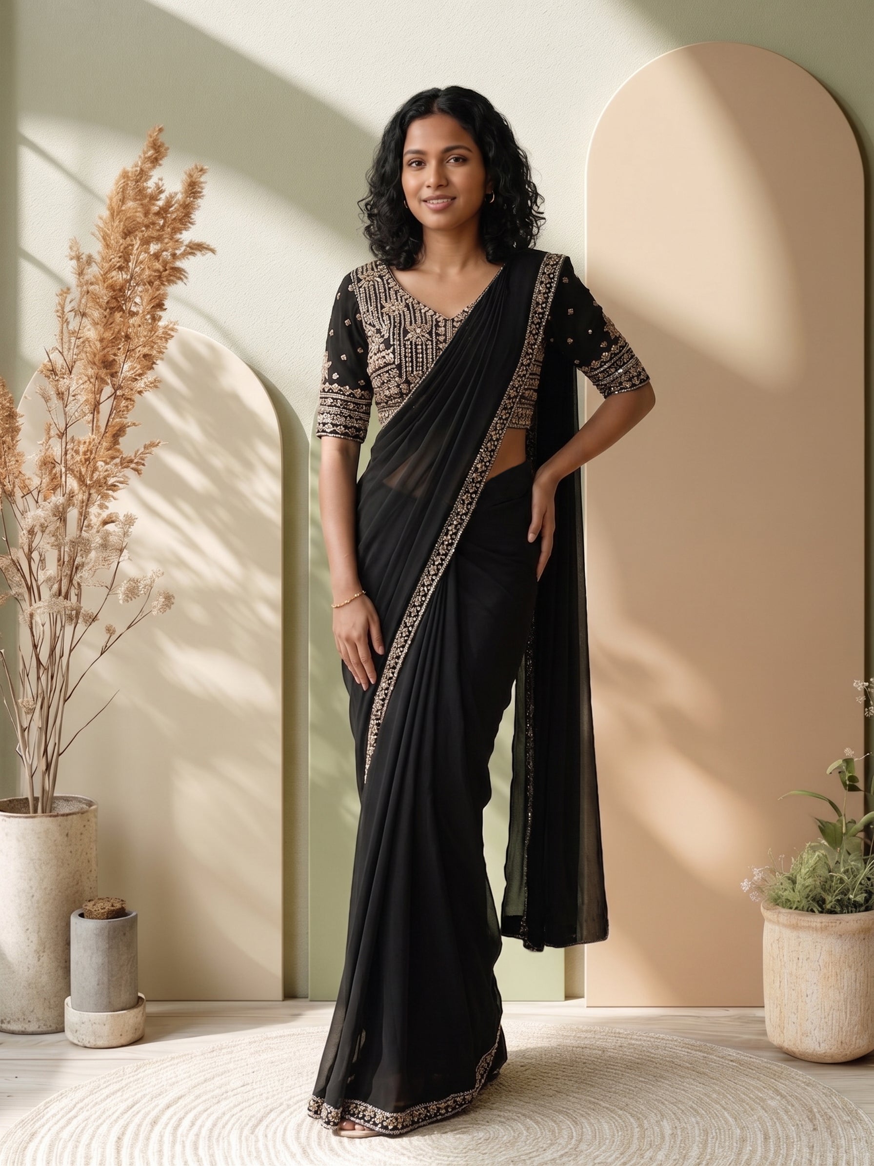 Woman wearing a black saree with a patterned blouse in a well-lit room.