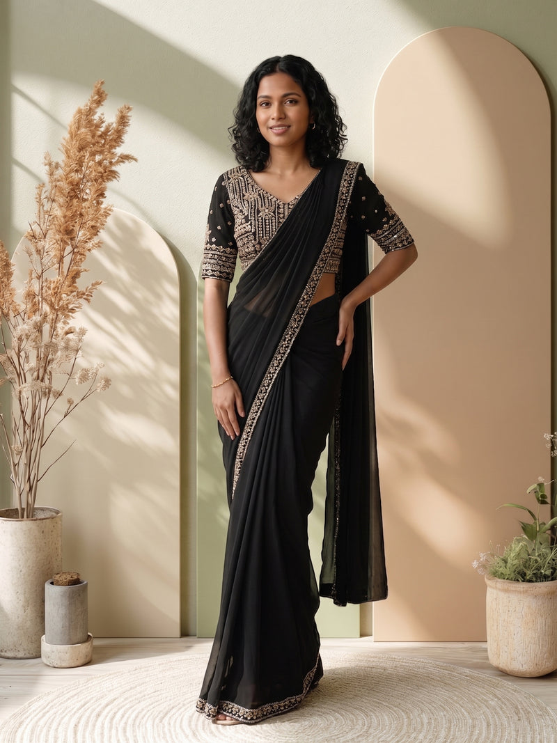 Woman wearing a black saree with a patterned blouse in a well-lit room.
