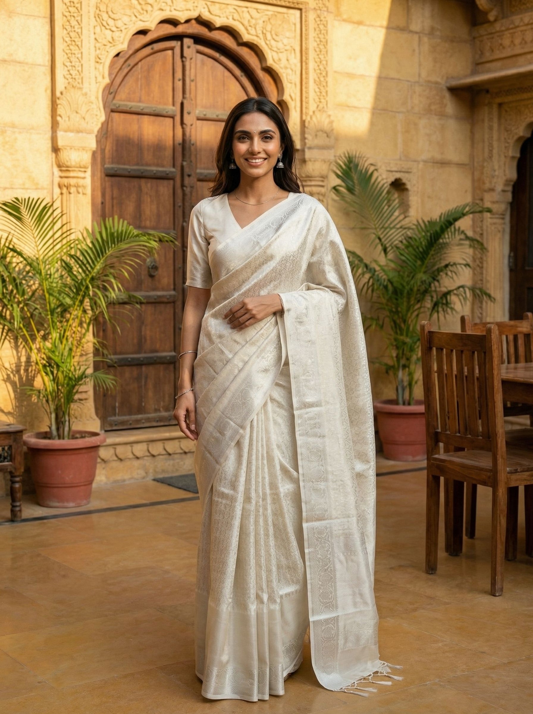Semi Silk Off White Self-Design Brocade Saree