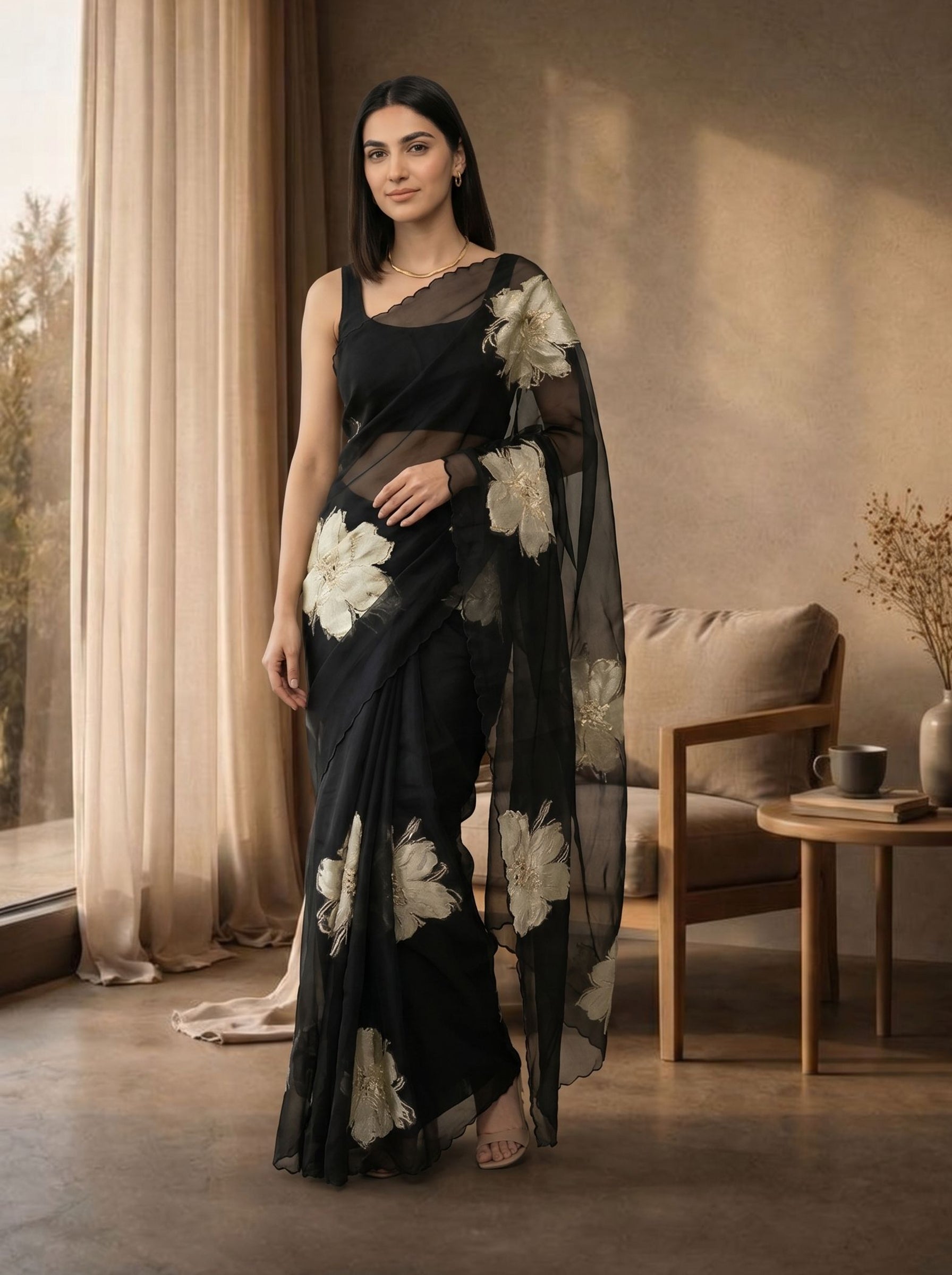 Woman in a black saree with white floral patterns standing in a room with curtains and furniture.