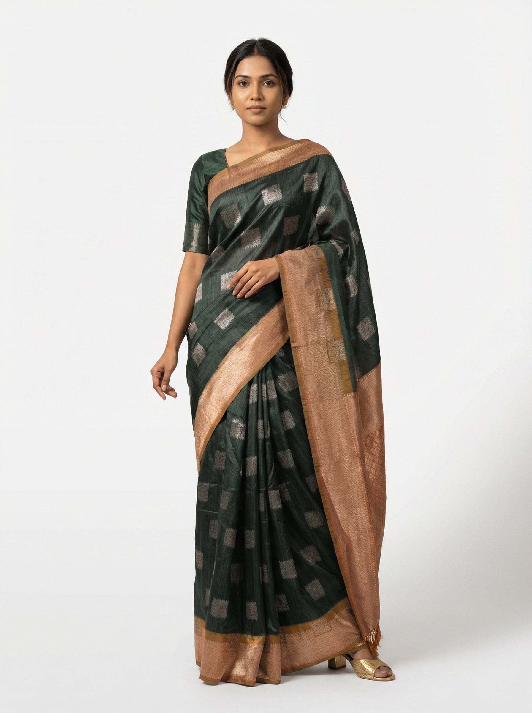 Semi Silk Elegant Bottle Green Saree with Modern Box Pattern