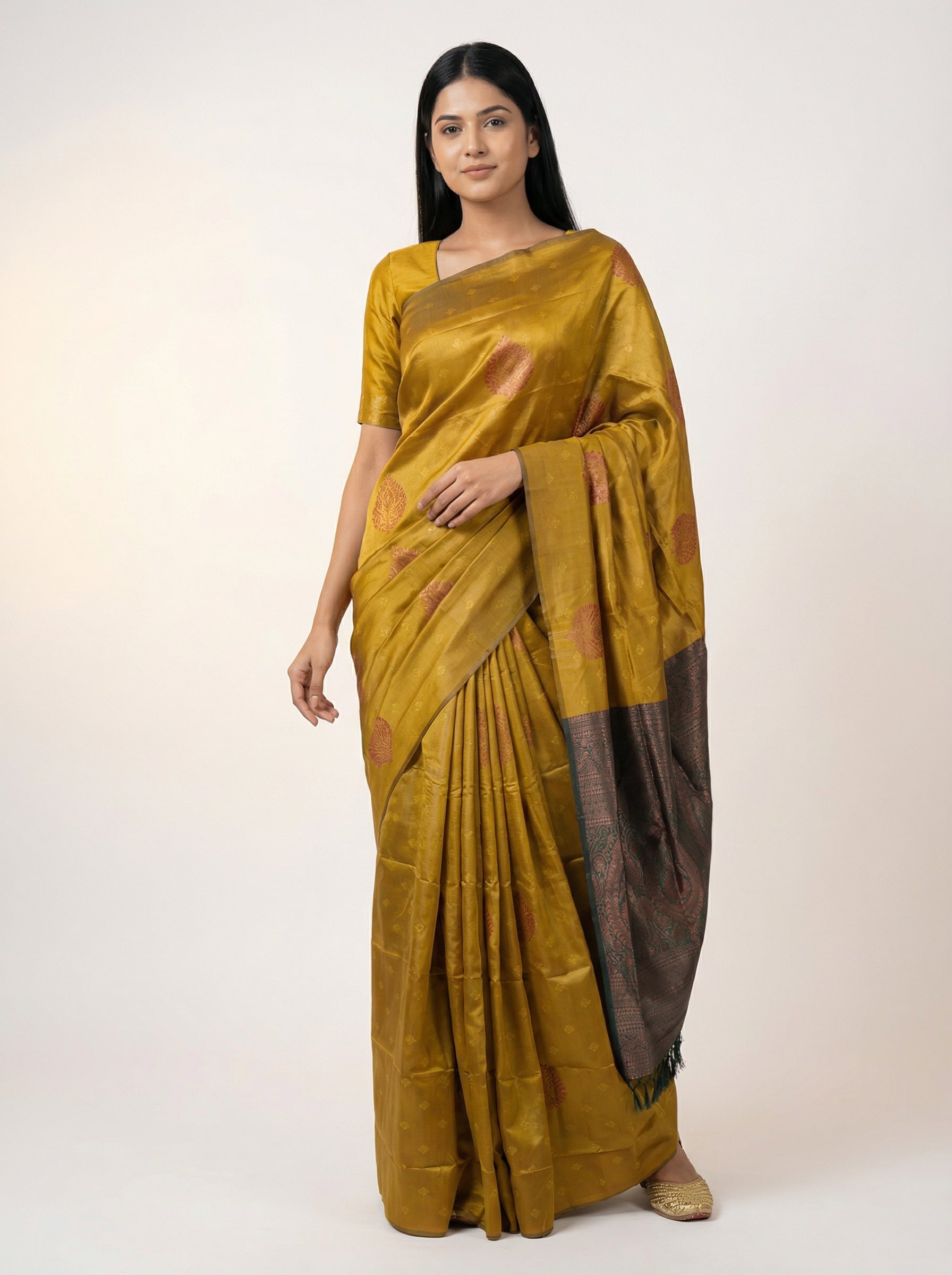 Silk Premium Ochre Yellow Saree with Bottle Green Contrast Blouse