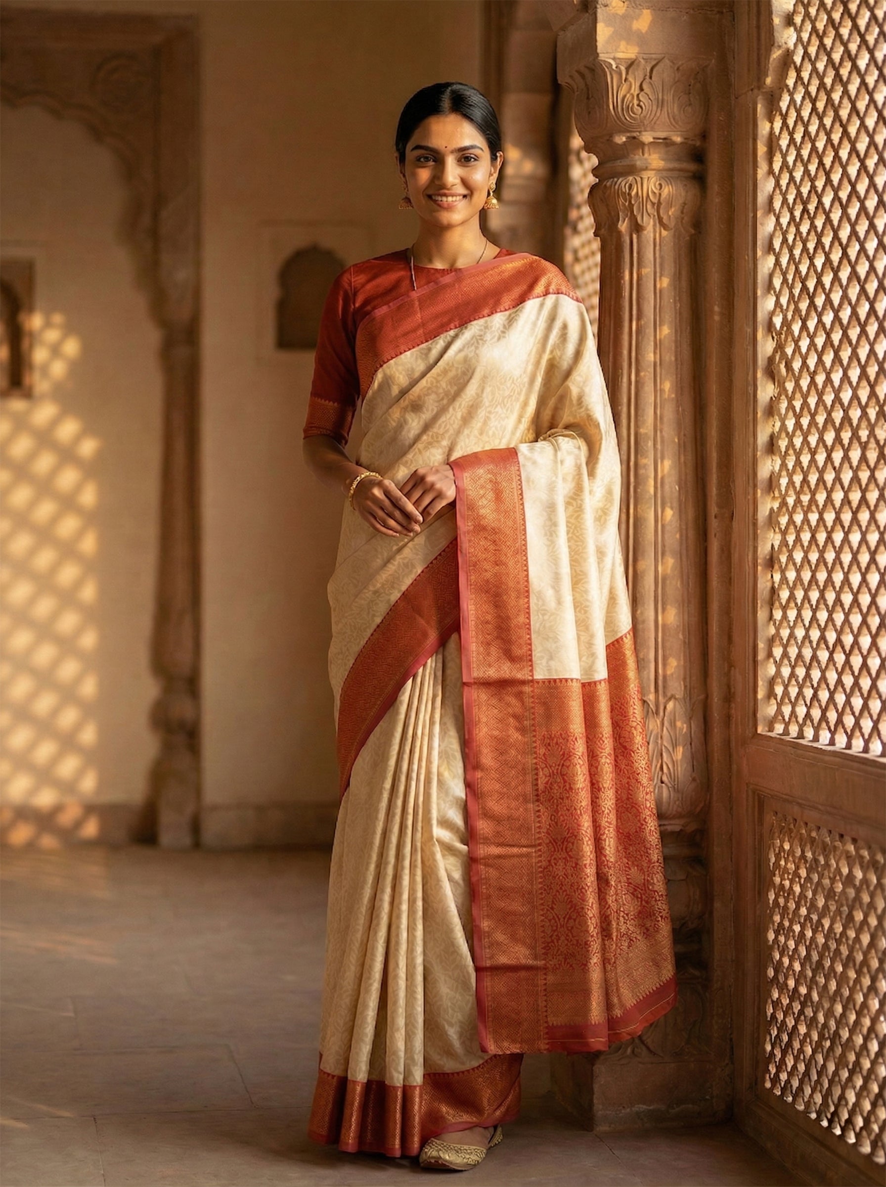 Woman in a traditional saree standing in an ornate indoor setting