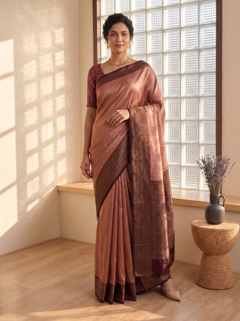 Woman in a brown saree standing in a room with a window and wooden stool.