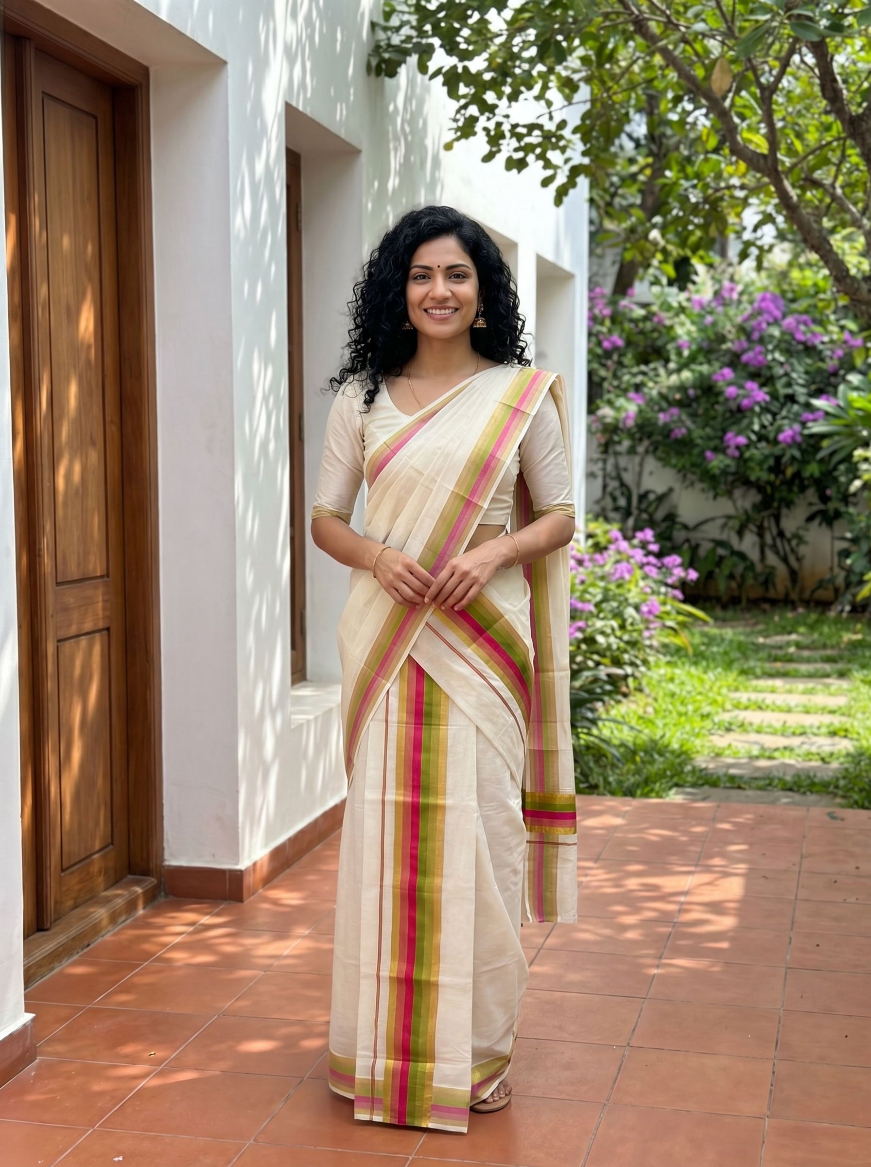 Woman in a traditional saree standing outdoors near a building with greenery.