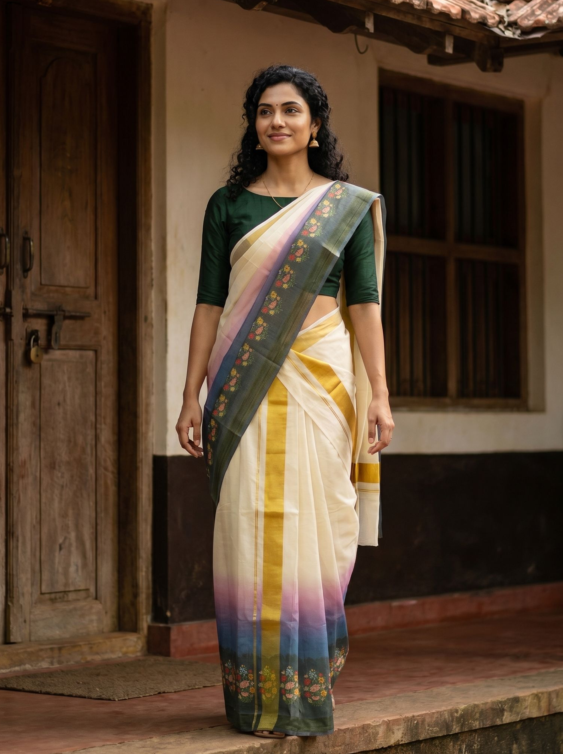 Woman wearing a traditional saree in front of a rustic building