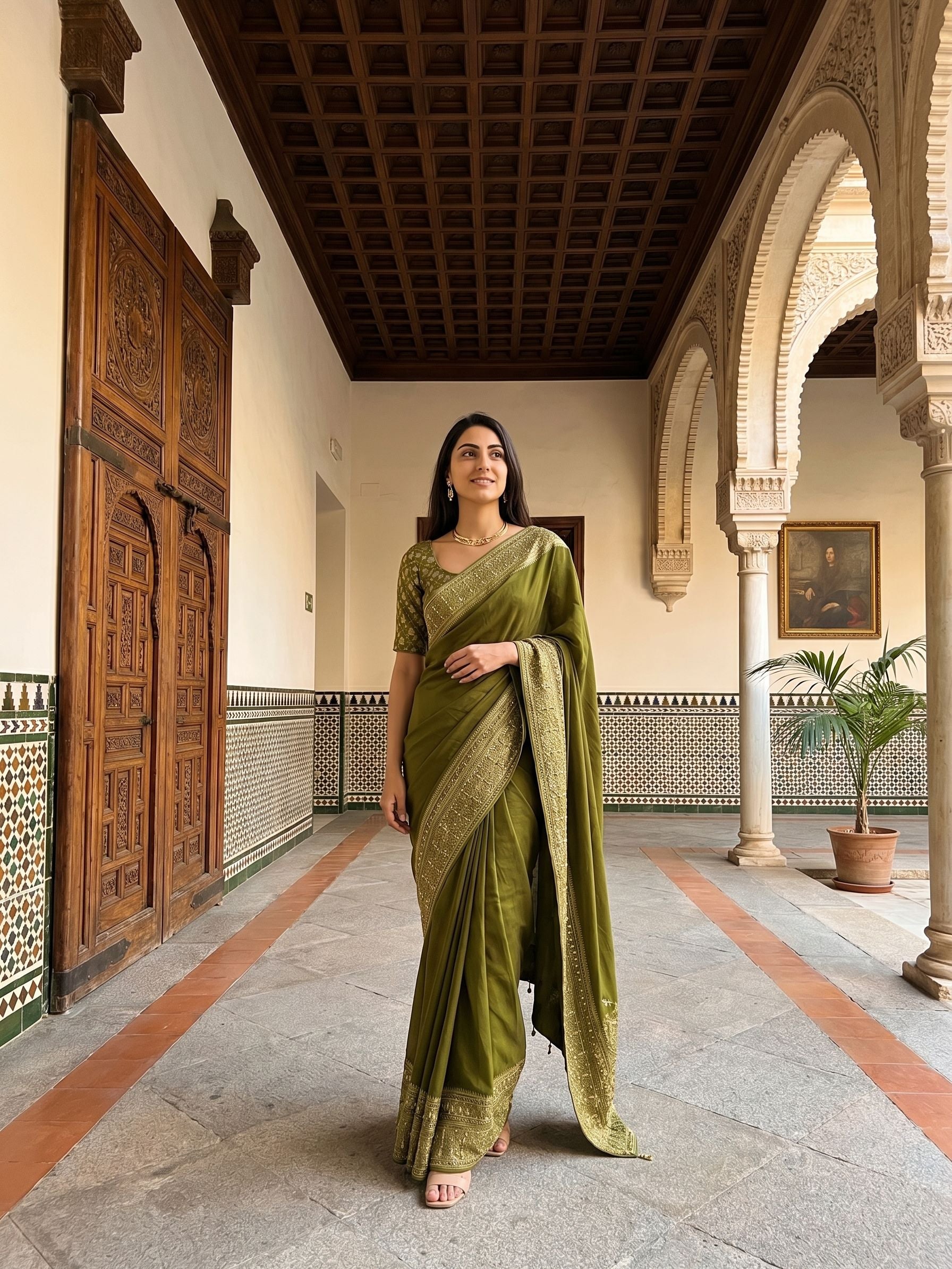 Kanjivaram Olive Green Plain Saree with Heavy Zari Embroidered Border and Rich Designer Pallu