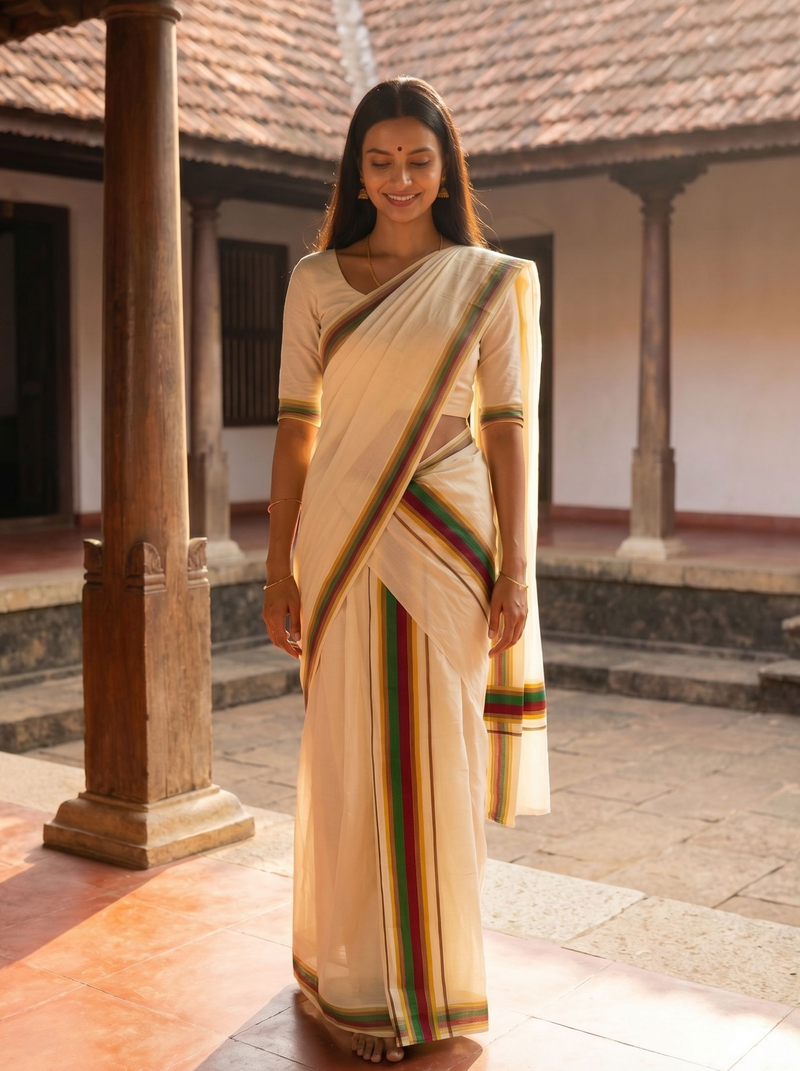 Woman wearing a traditional saree in an outdoor setting