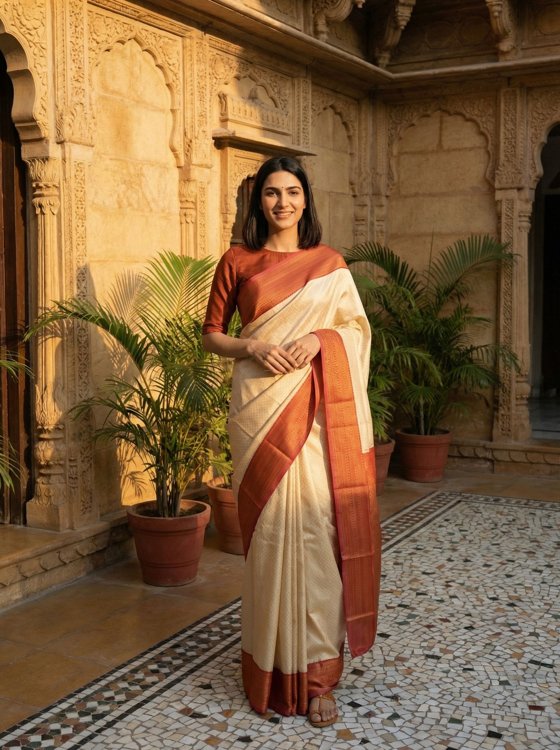 Semi Silk Off White Saree with Rich Rust Orange Border