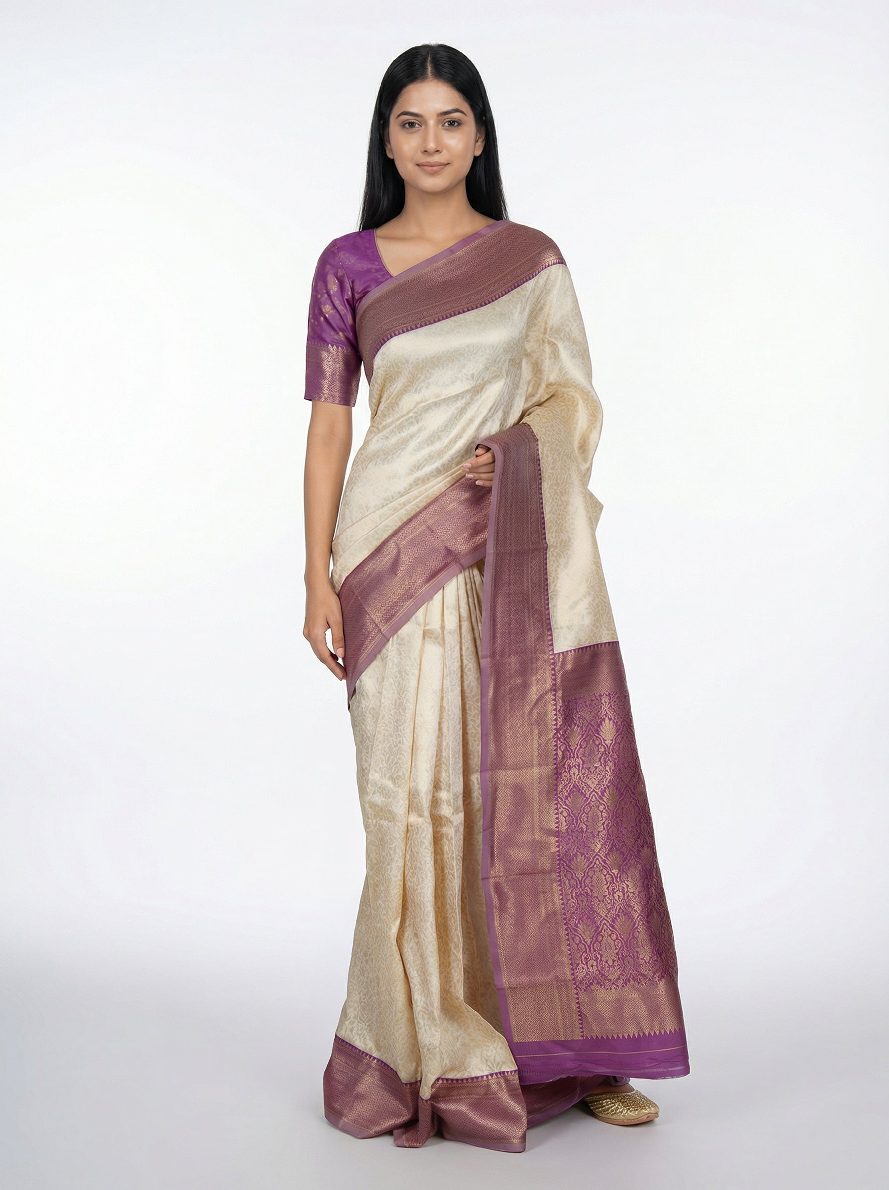 Semi Silk Women’s Off White Saree with Rich Banarasi Floral Pallu