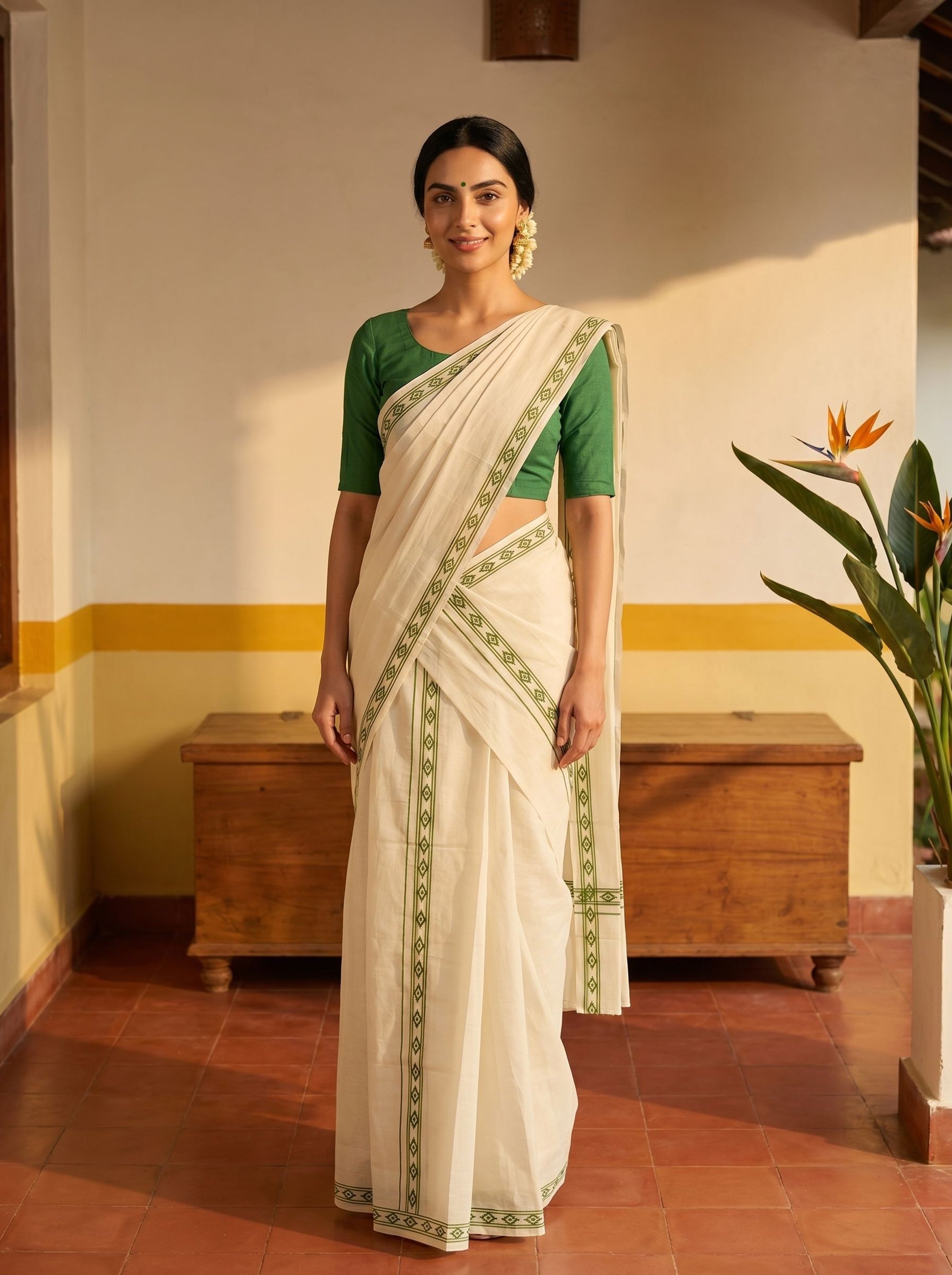 Woman wearing a white saree with green border indoors.