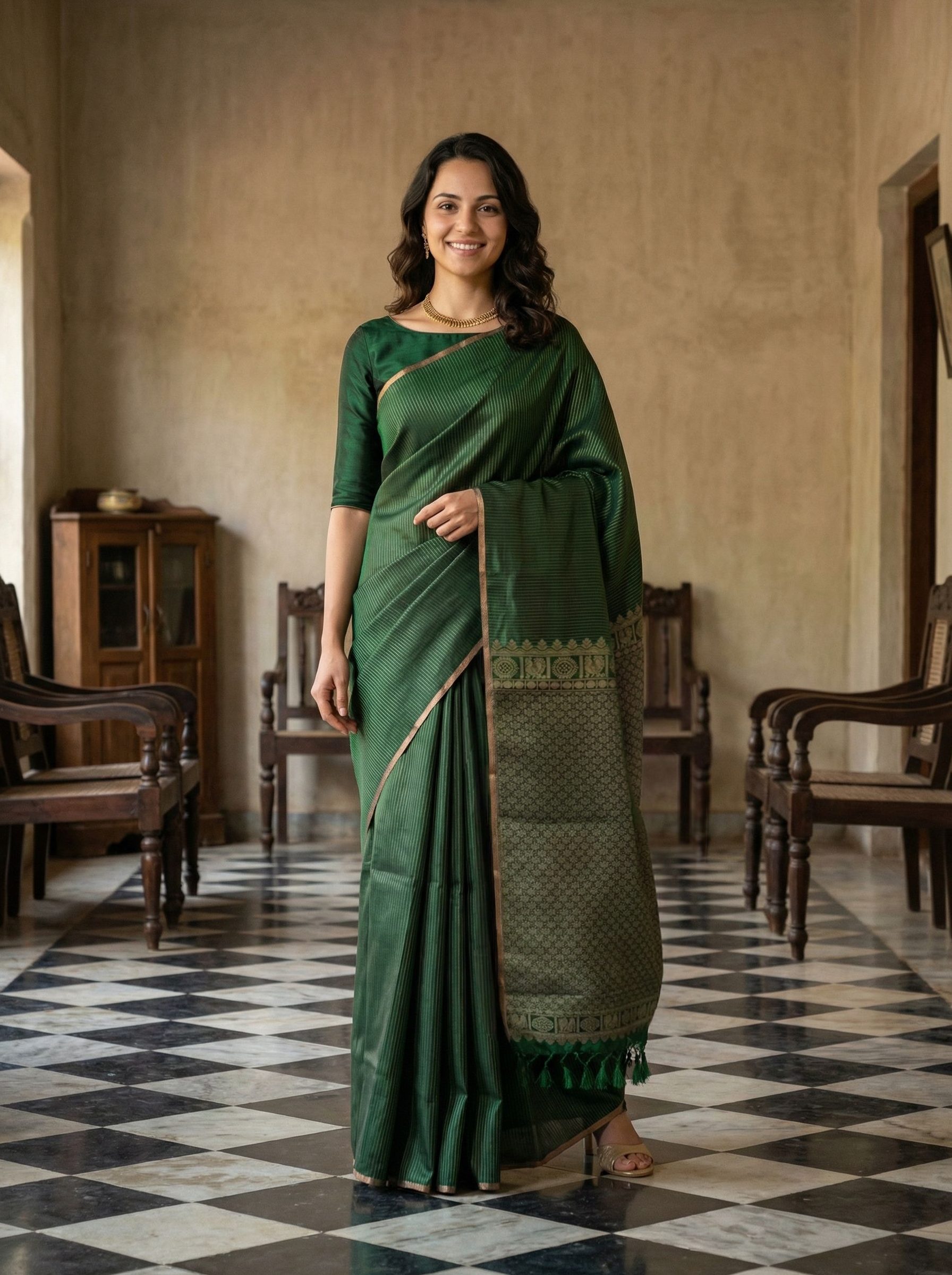 Woman in a green saree standing in a room with checkered floor and wooden furniture.