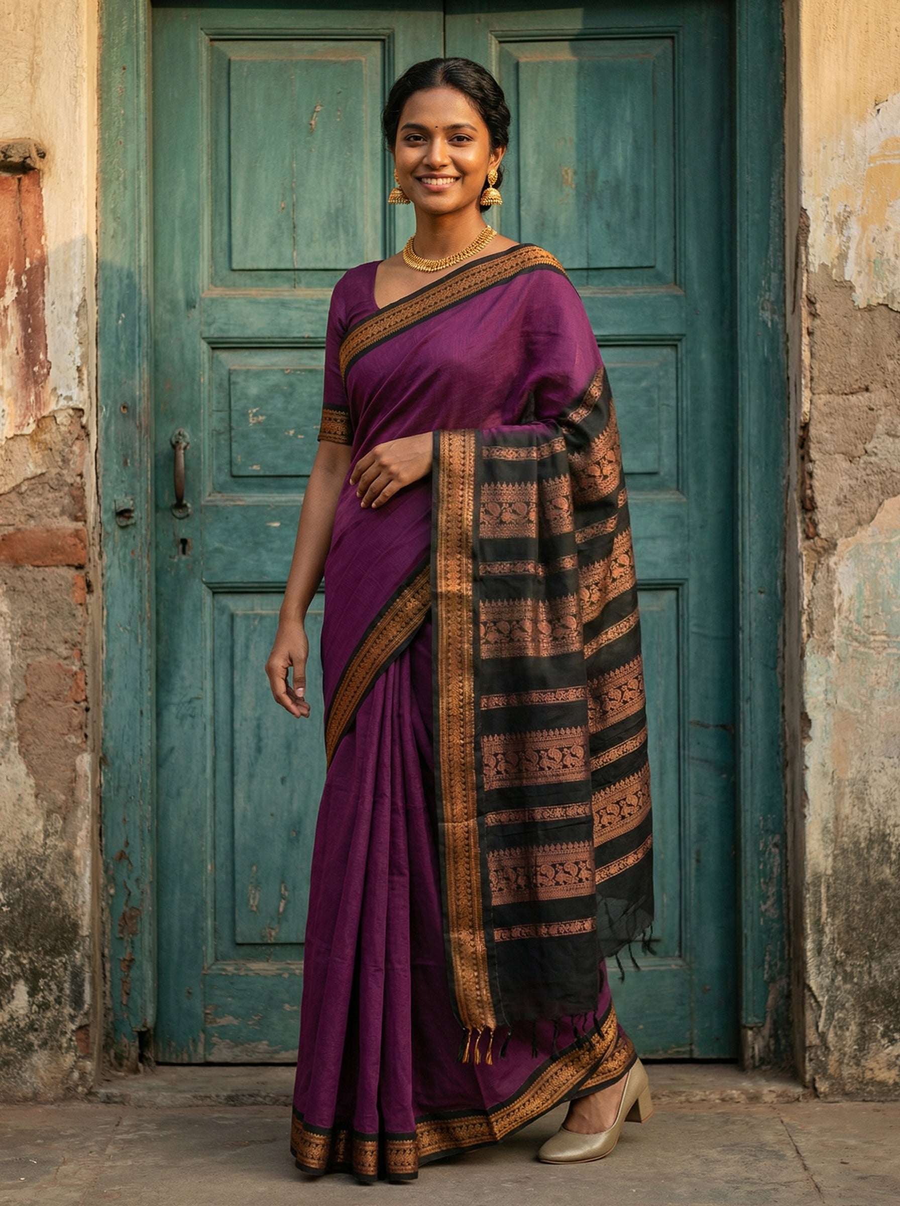 Synthetic Deep Purple Traditional Saree with Black Zari Pallu