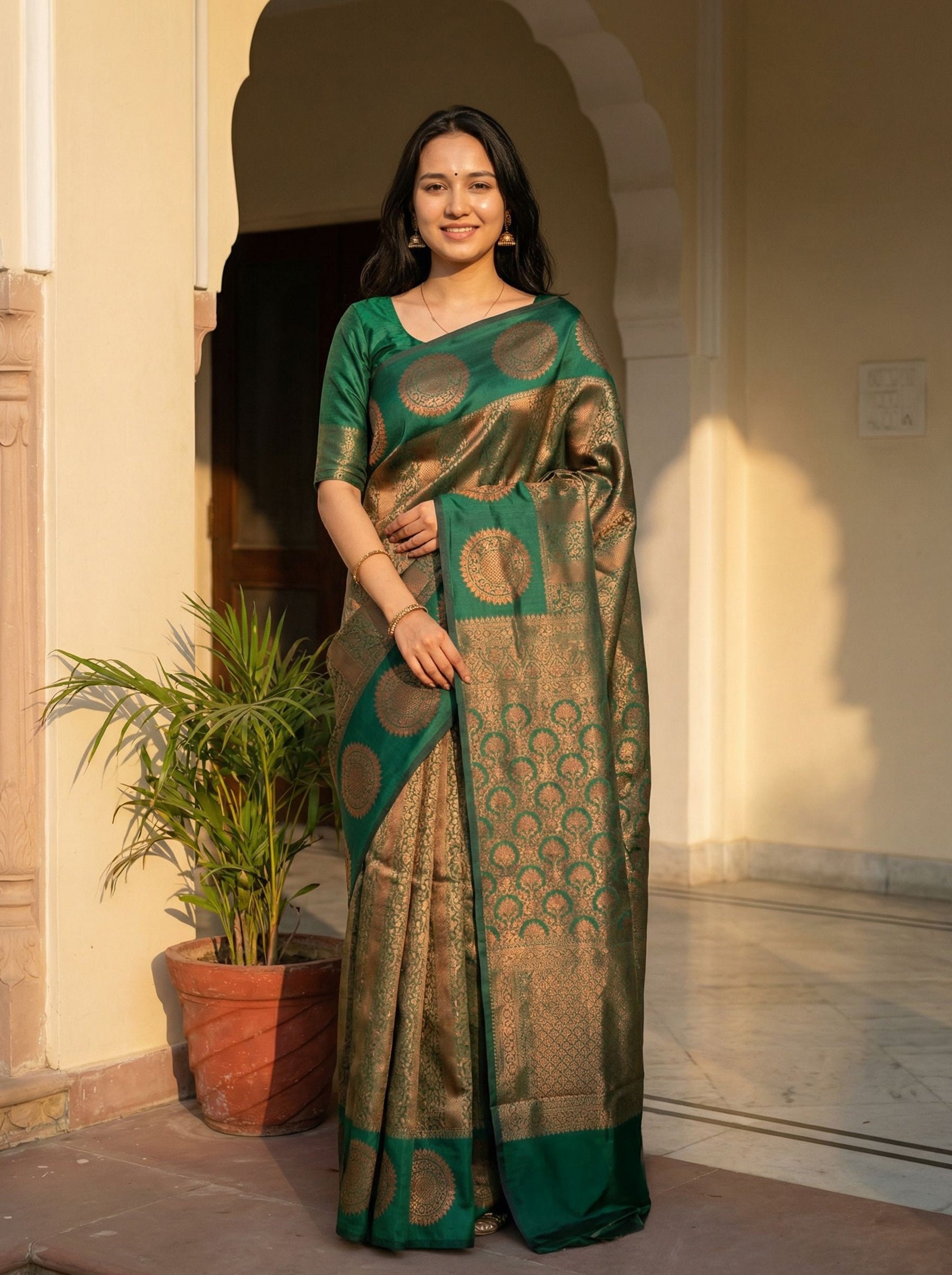 Semi Silk Emerald Green Copper Zari Woven Traditional Saree