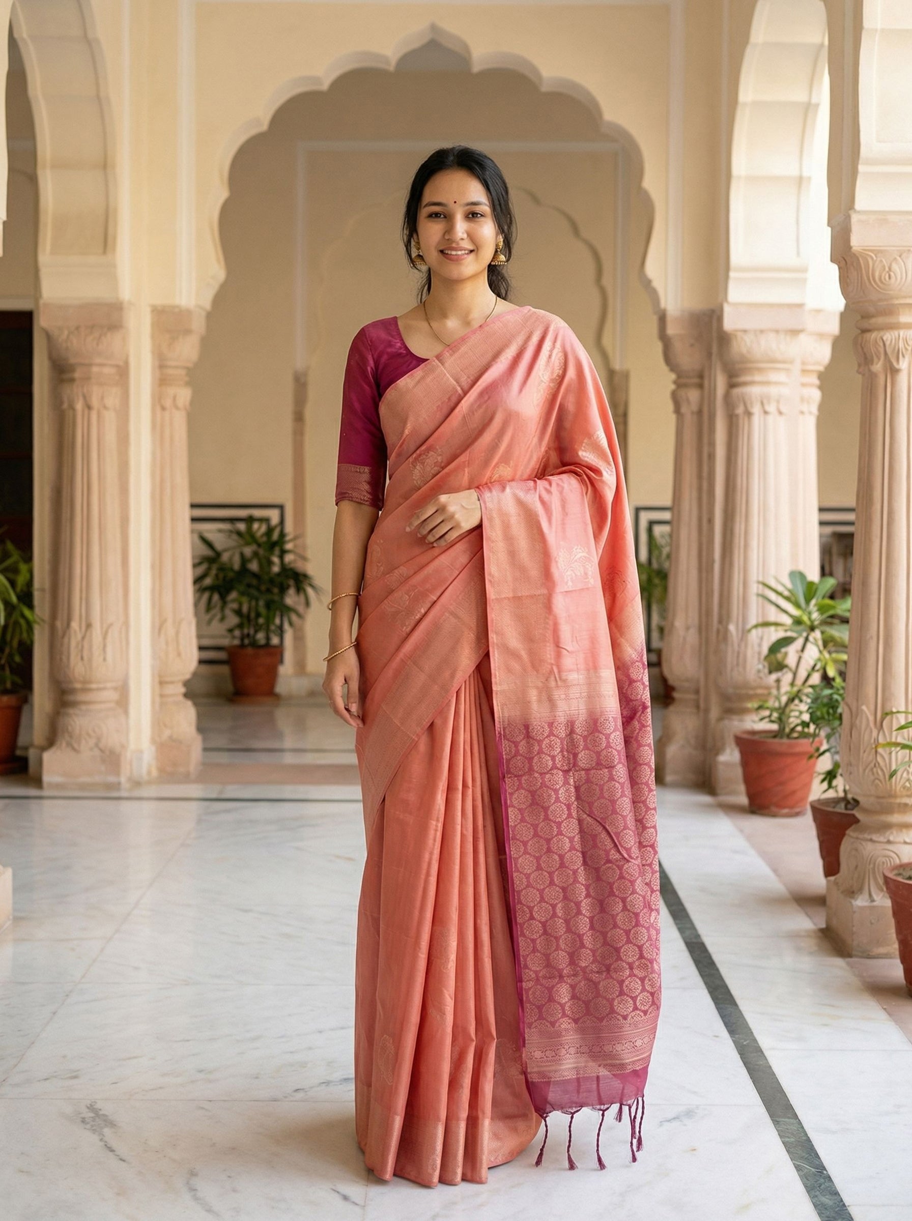 Semi Silk Peach Pink Saree with Contrast Magenta Pallu