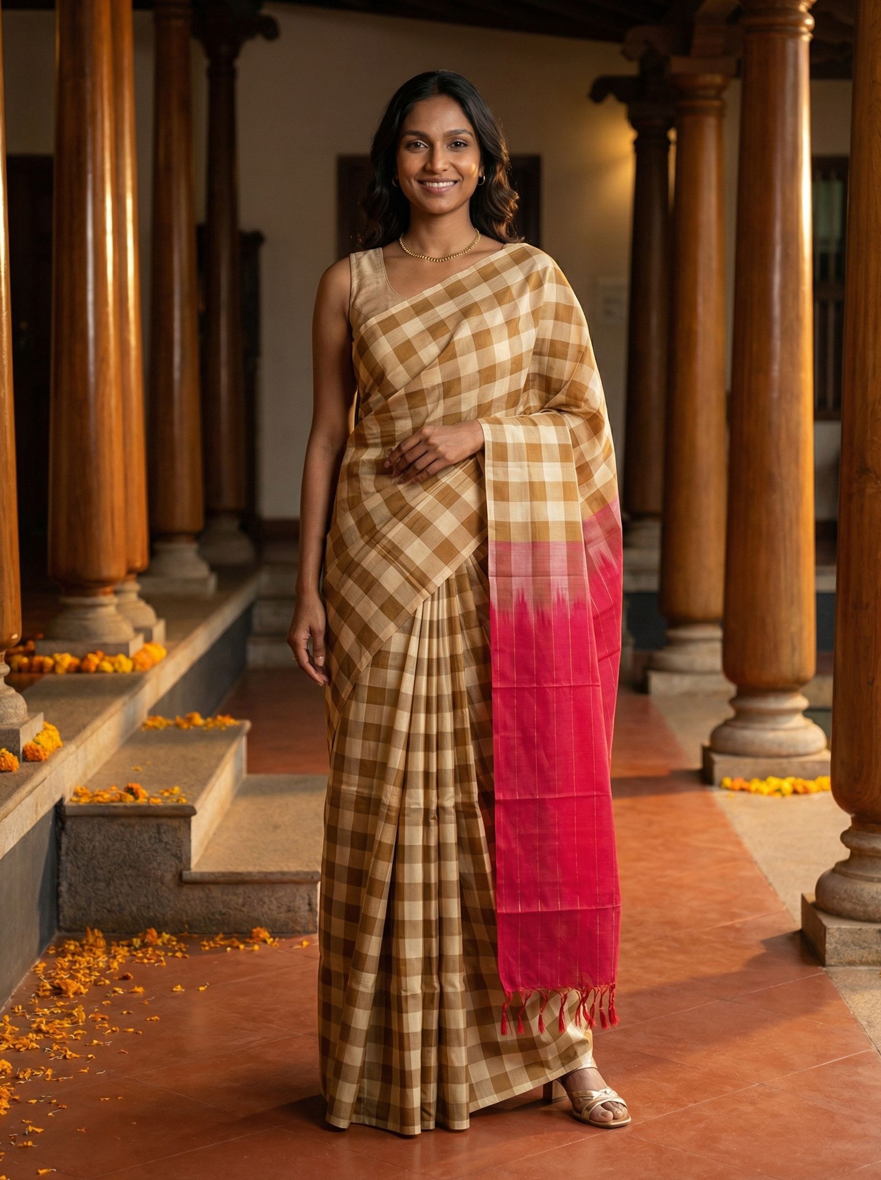 Kanjivaram Pure Silk Beige Checked Saree with Pink Border