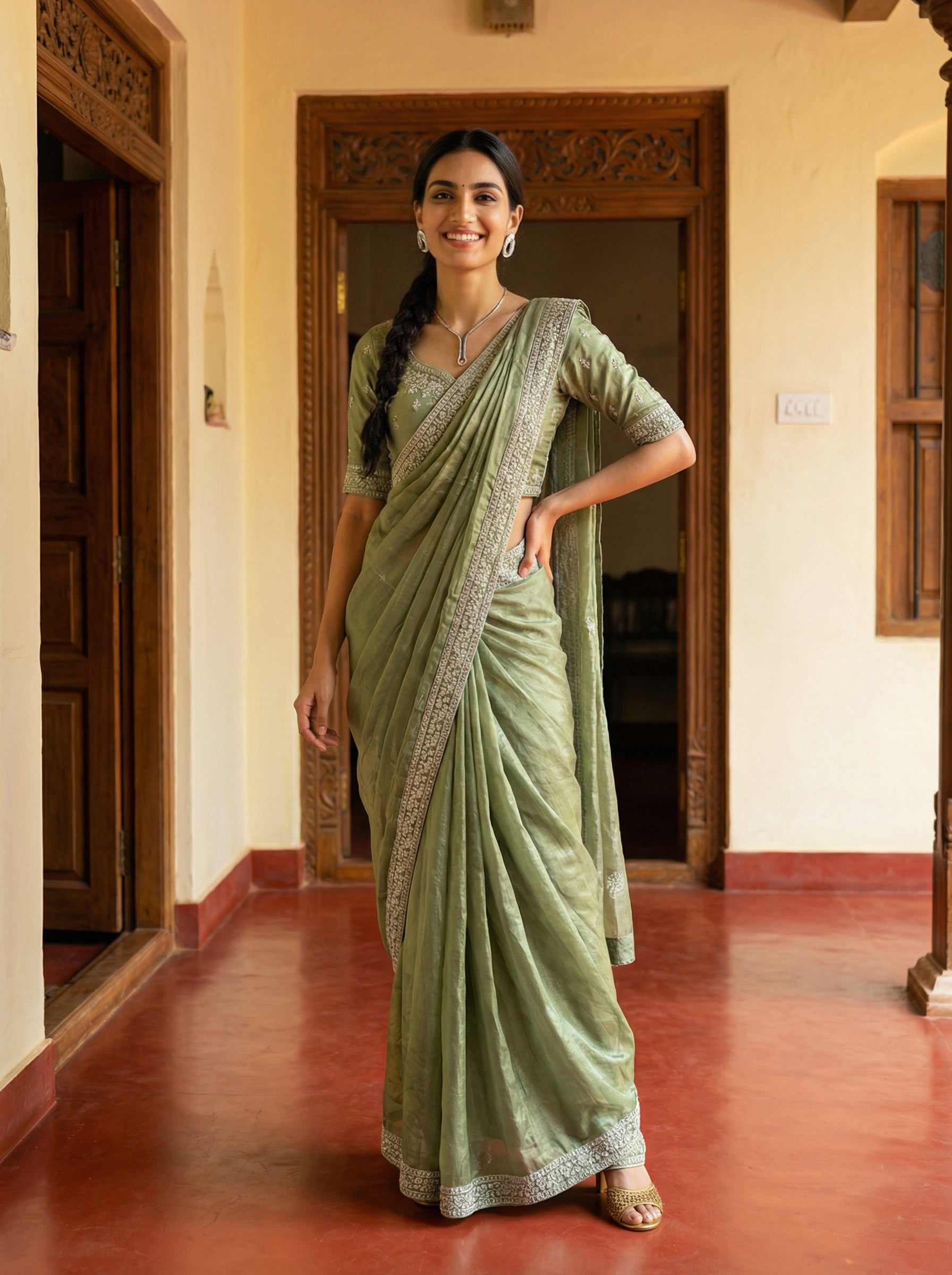 Satin Olive Green Elegant Ready to Wear Thread Work Saree