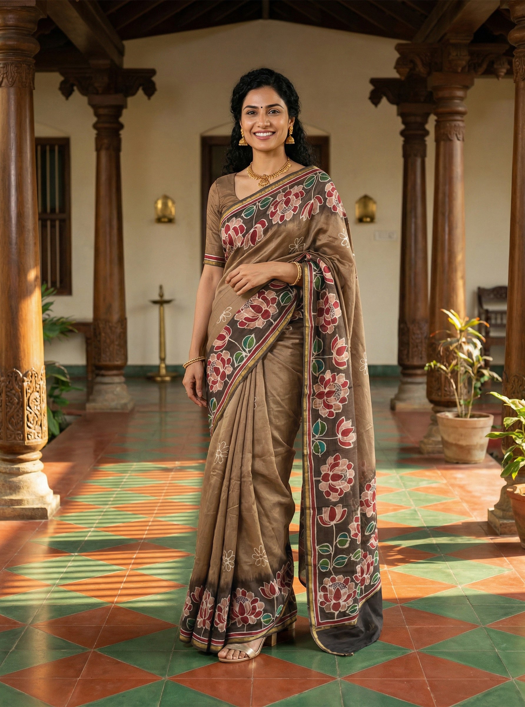 Cotton Coffee Brown Floral Printed Saree with Maroon Border