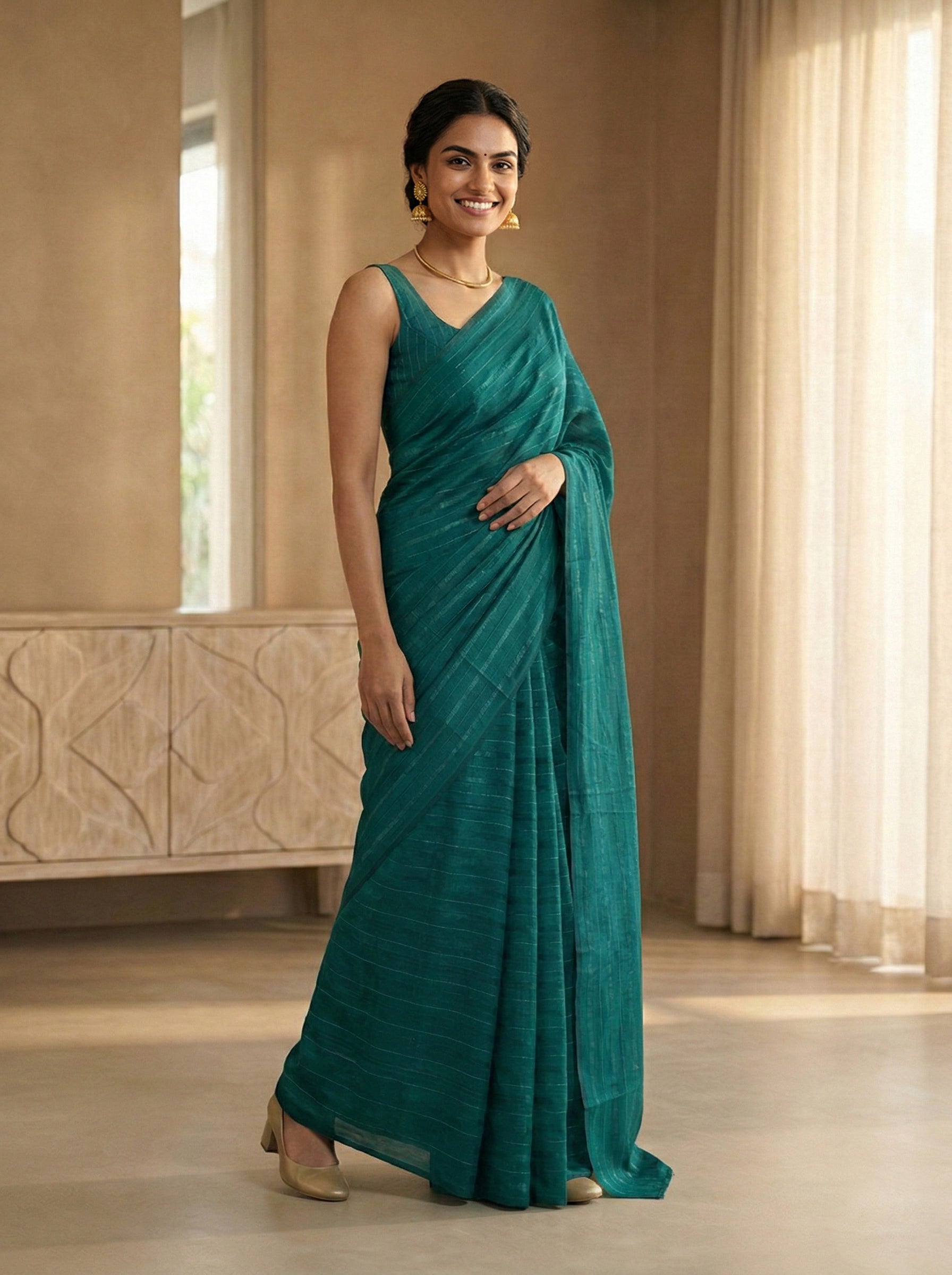 Synthetic blue Saree with Classic Stripe Weave