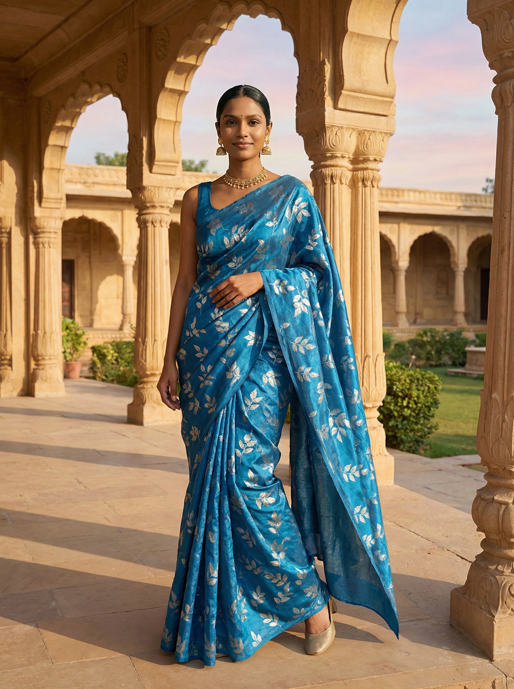 Synthetic Blue Saree with Nature-Inspired Botanical Design