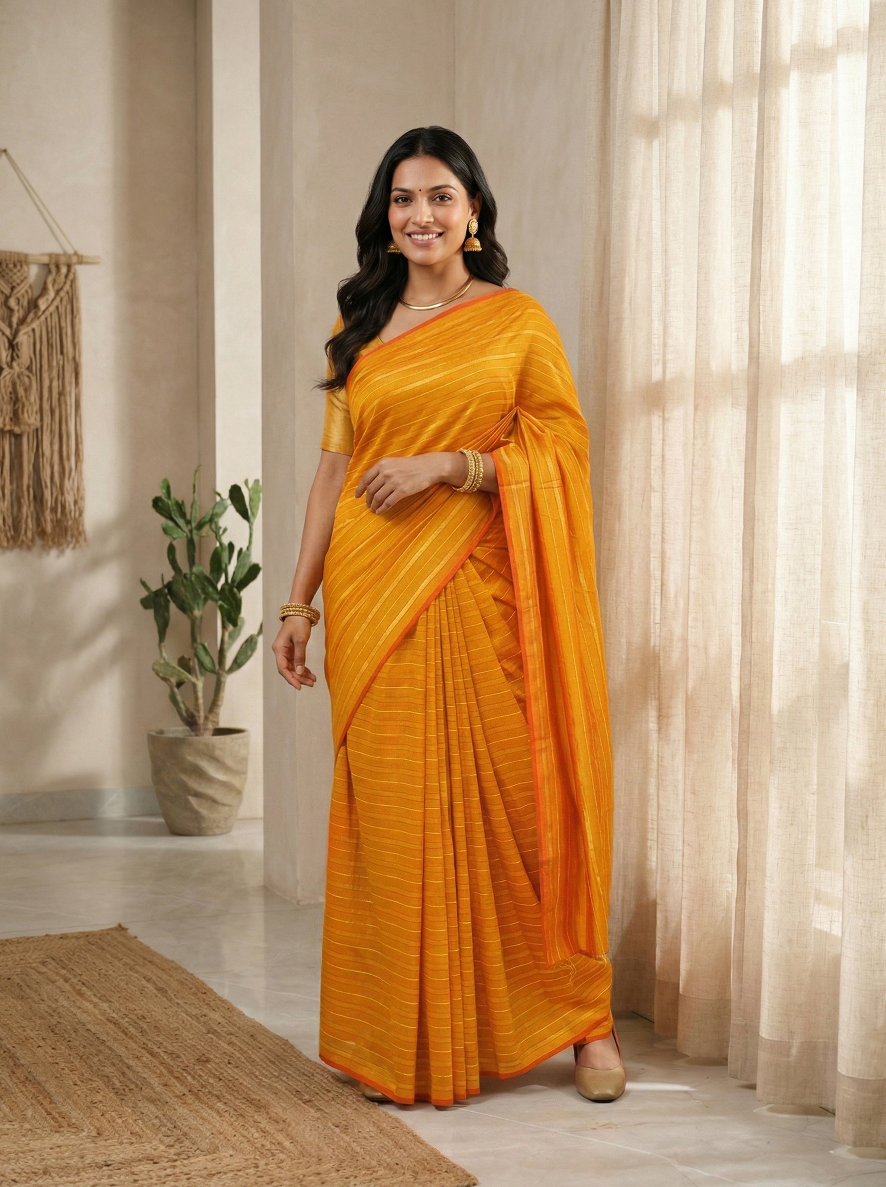 Synthetic Yellow Orange Saree with Classic Striped Pattern