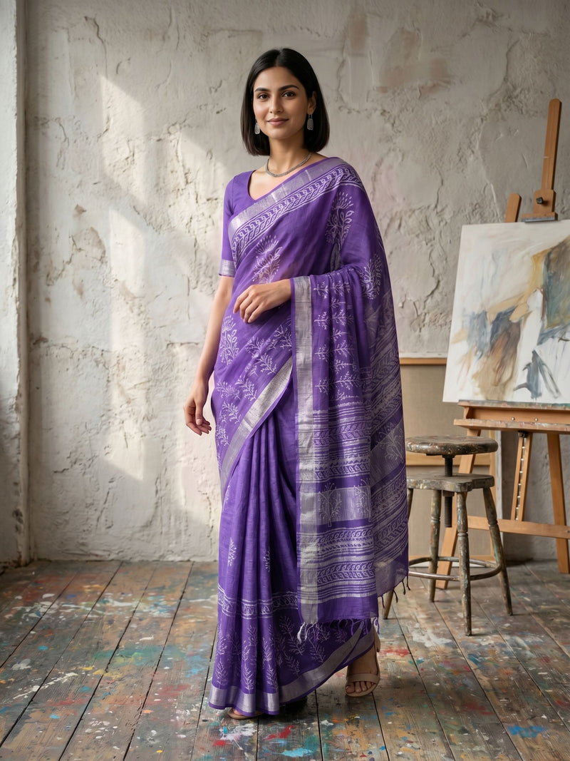 Woman wearing a purple saree in an artist's studio.