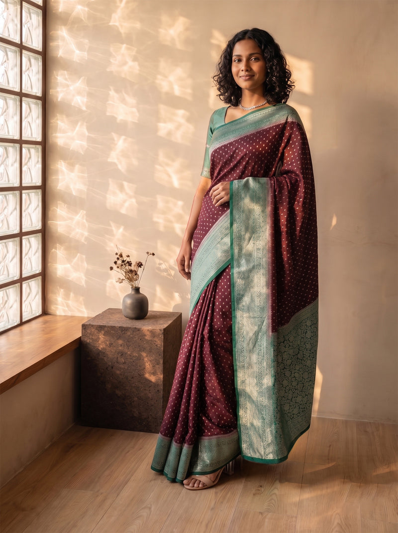 Woman wearing a maroon and green saree standing in a room with wooden floor and window.