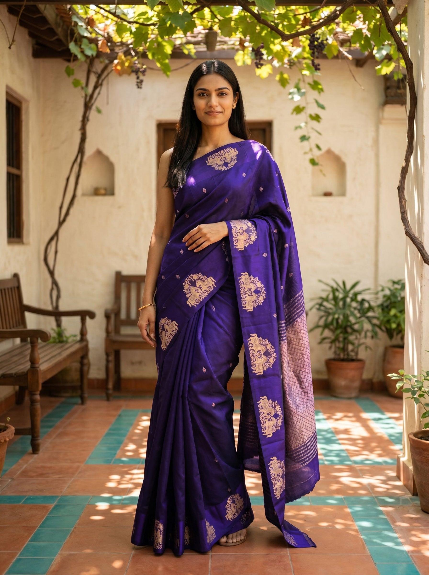 Tussar Royal Purple Traditional Zari Motif Saree