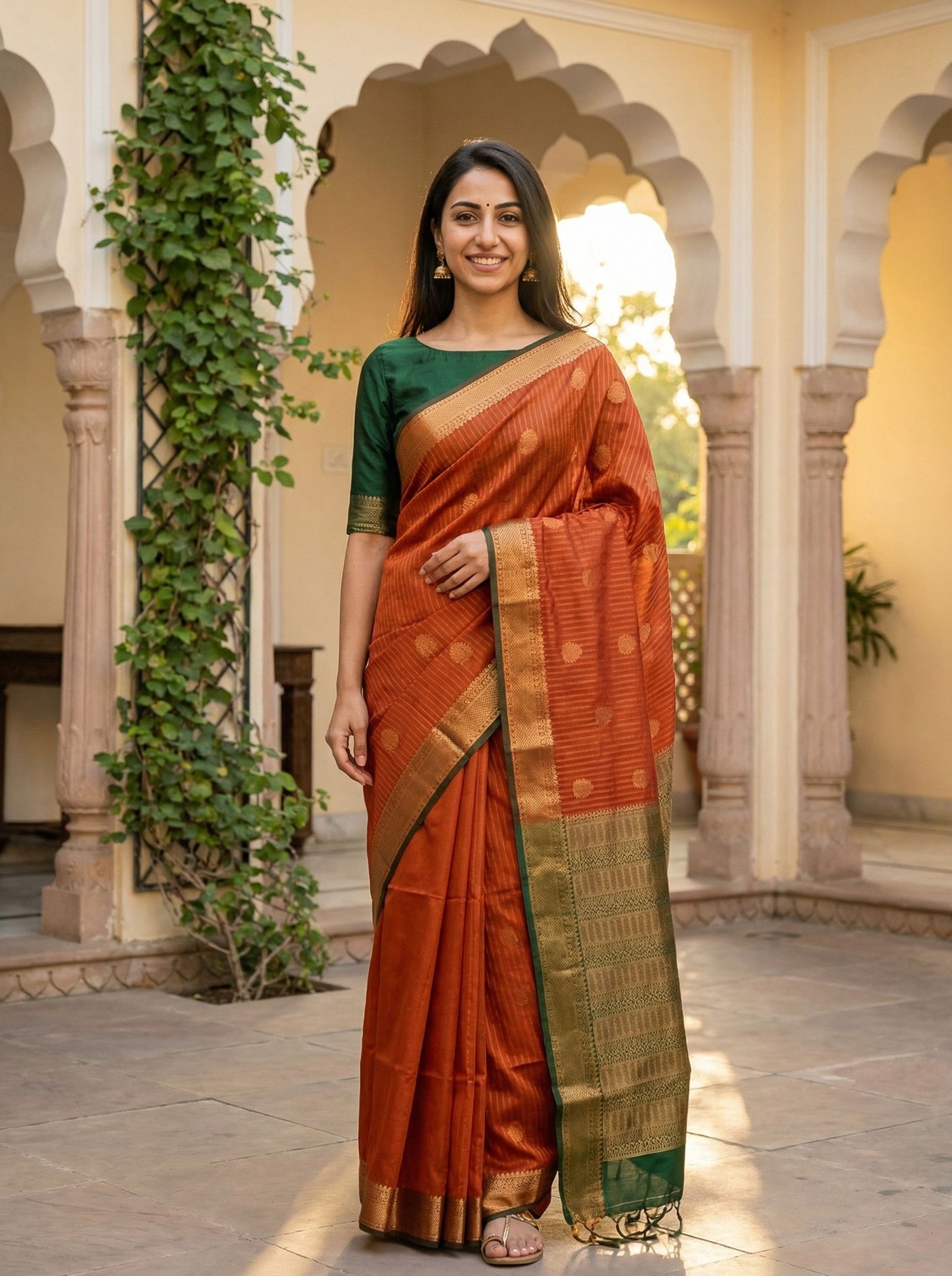 Woman in an orange saree with a green blouse standing in front of an archway.
