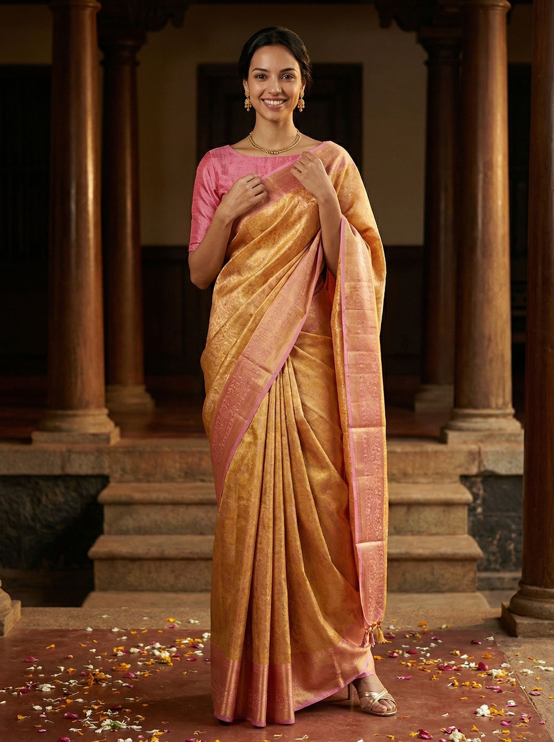 Kanjivaram silk Honey Gold and Pastel Pink Saree with Self-Design Jaal and Zari Border