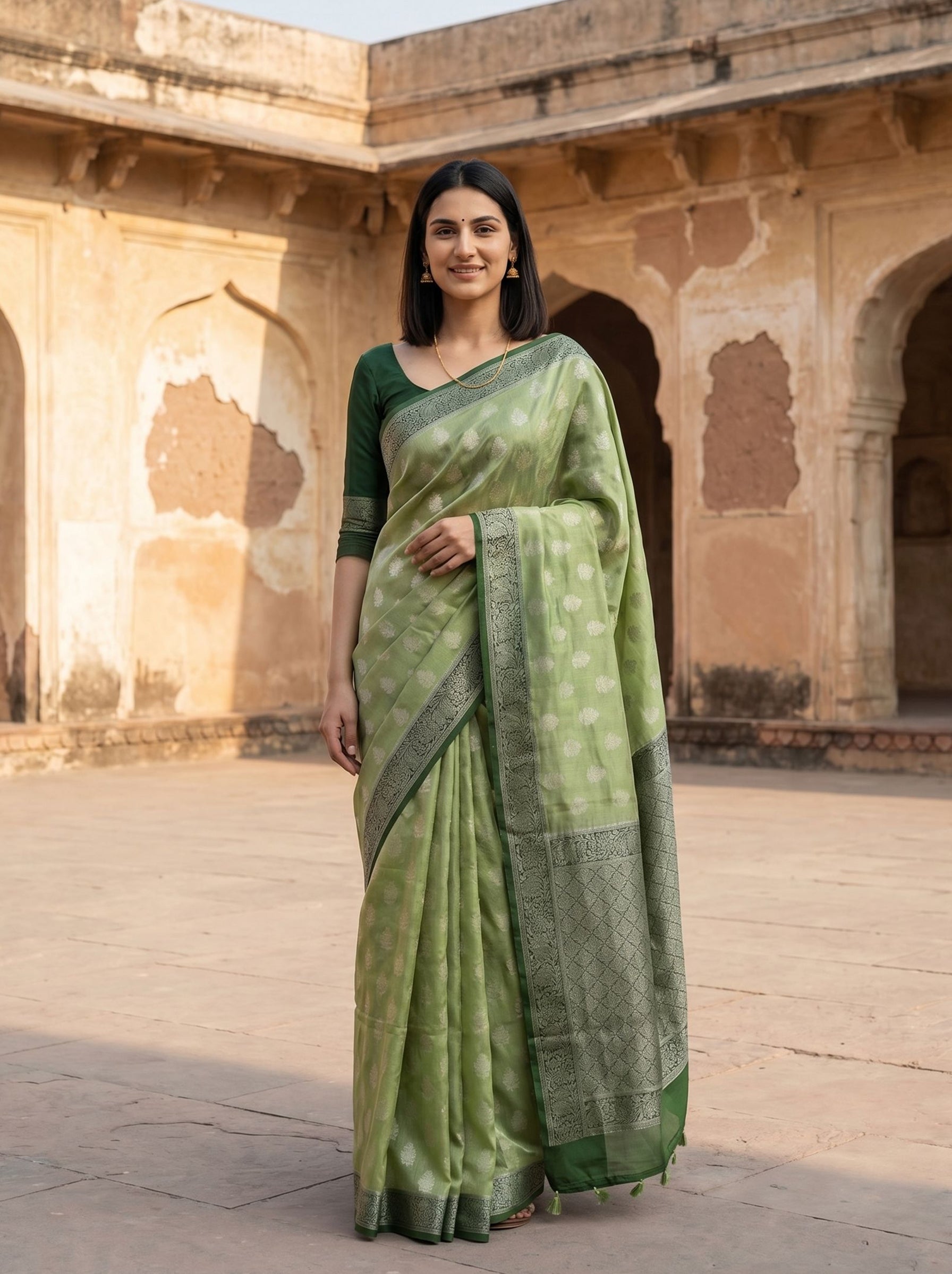 Semi Tussar Light Green Woven Zari Butta Traditional Saree