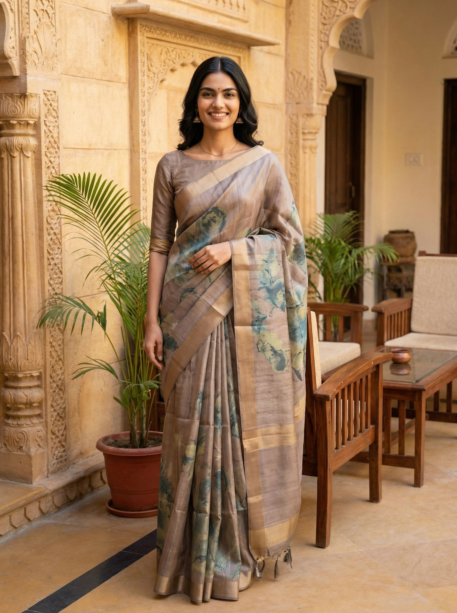 Woman in a saree standing in an outdoor setting with architectural elements and plants.