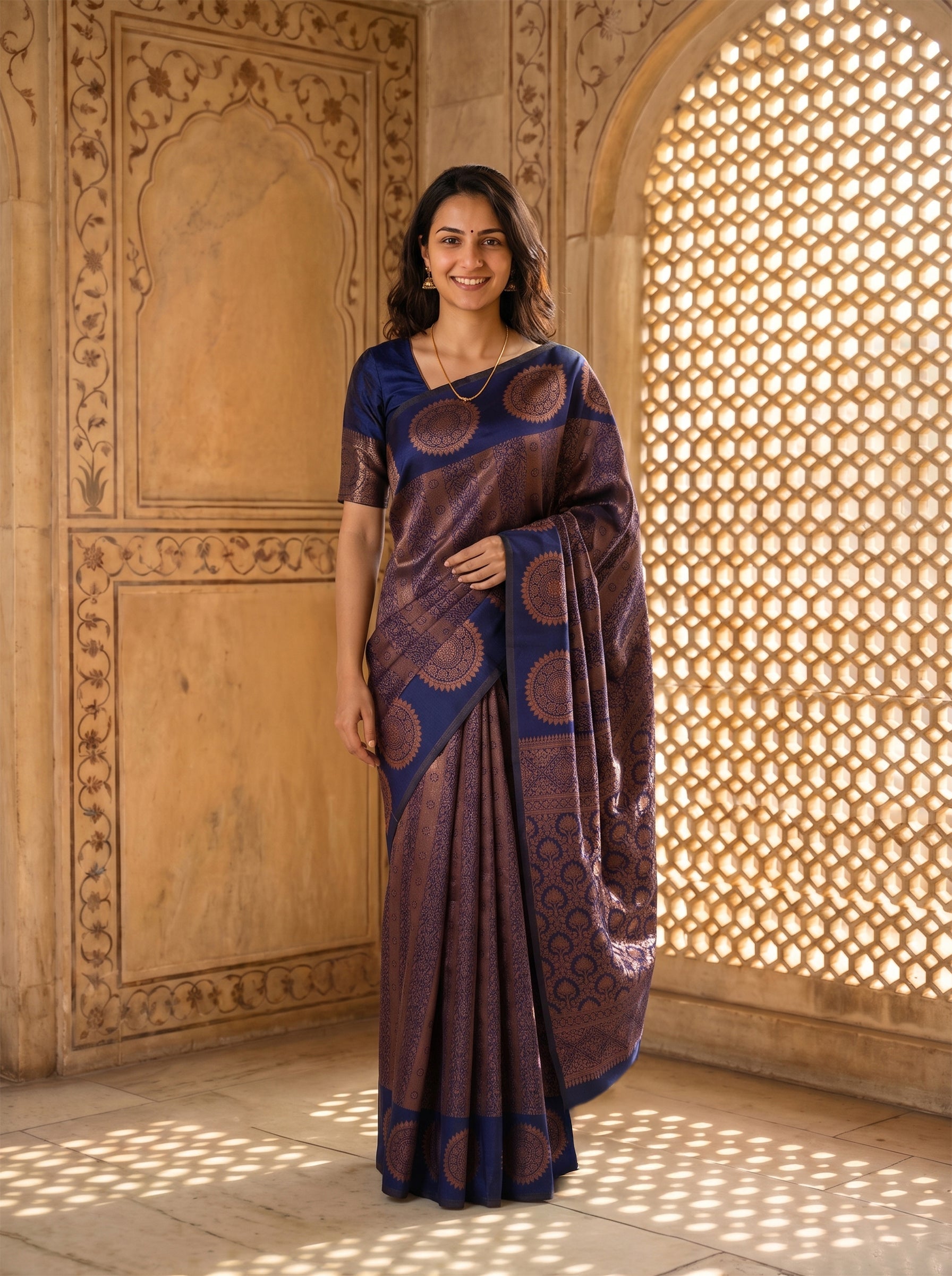 Semi Silk Royal Blue Copper Zari Woven Traditional Saree