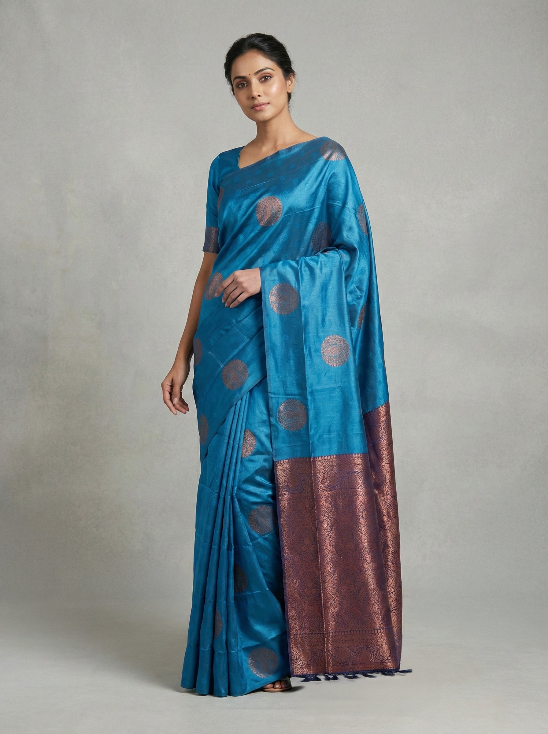 Semi Silk Women’s Peacock Blue Saree with Contrast Navy Blue Blouse