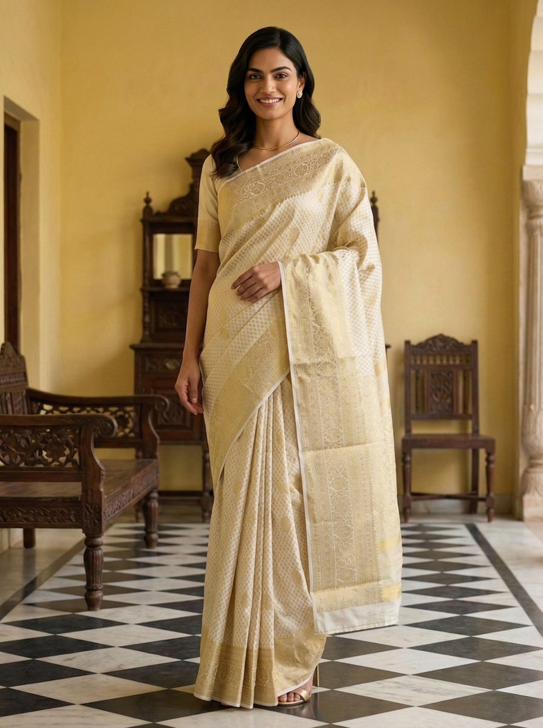 Kanjivaram Pure Silk Off White Floral Grid Patterned Saree with Gold Border