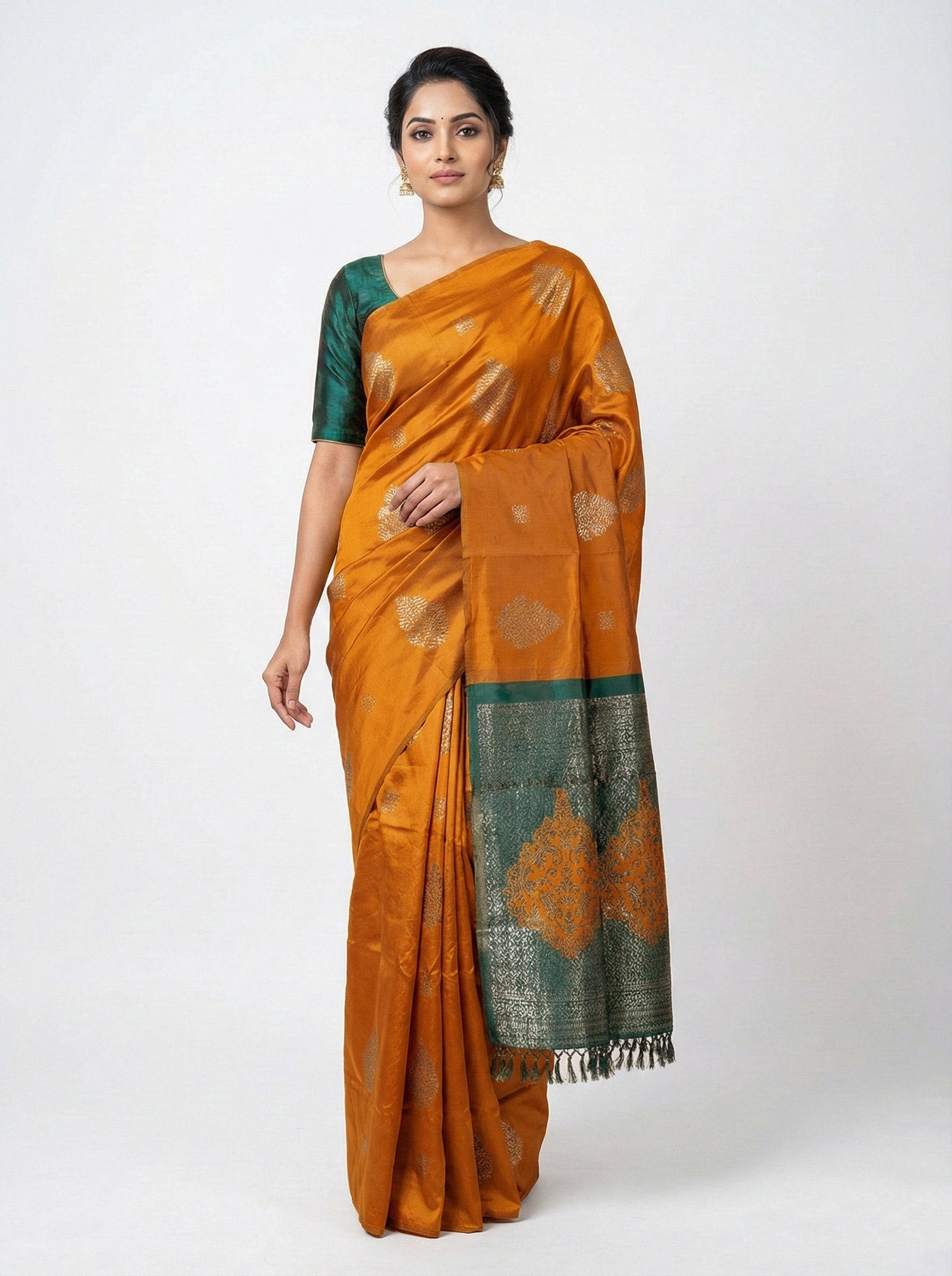Semi Silk Elegant Mustard  Saree with Contrast Green Brocade Blouse