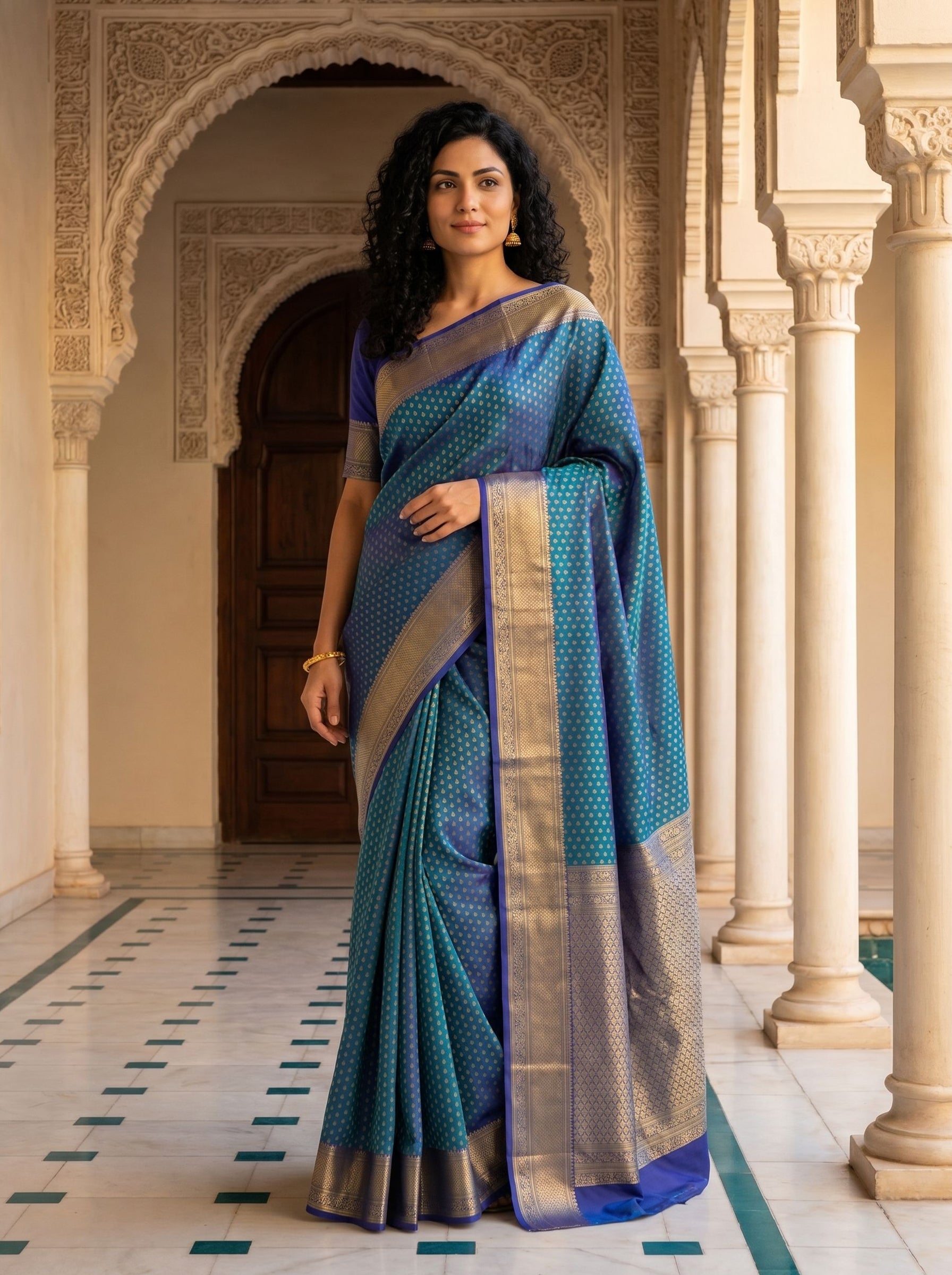 Pure Silk Peacock Blue All Over Zari Butta Saree