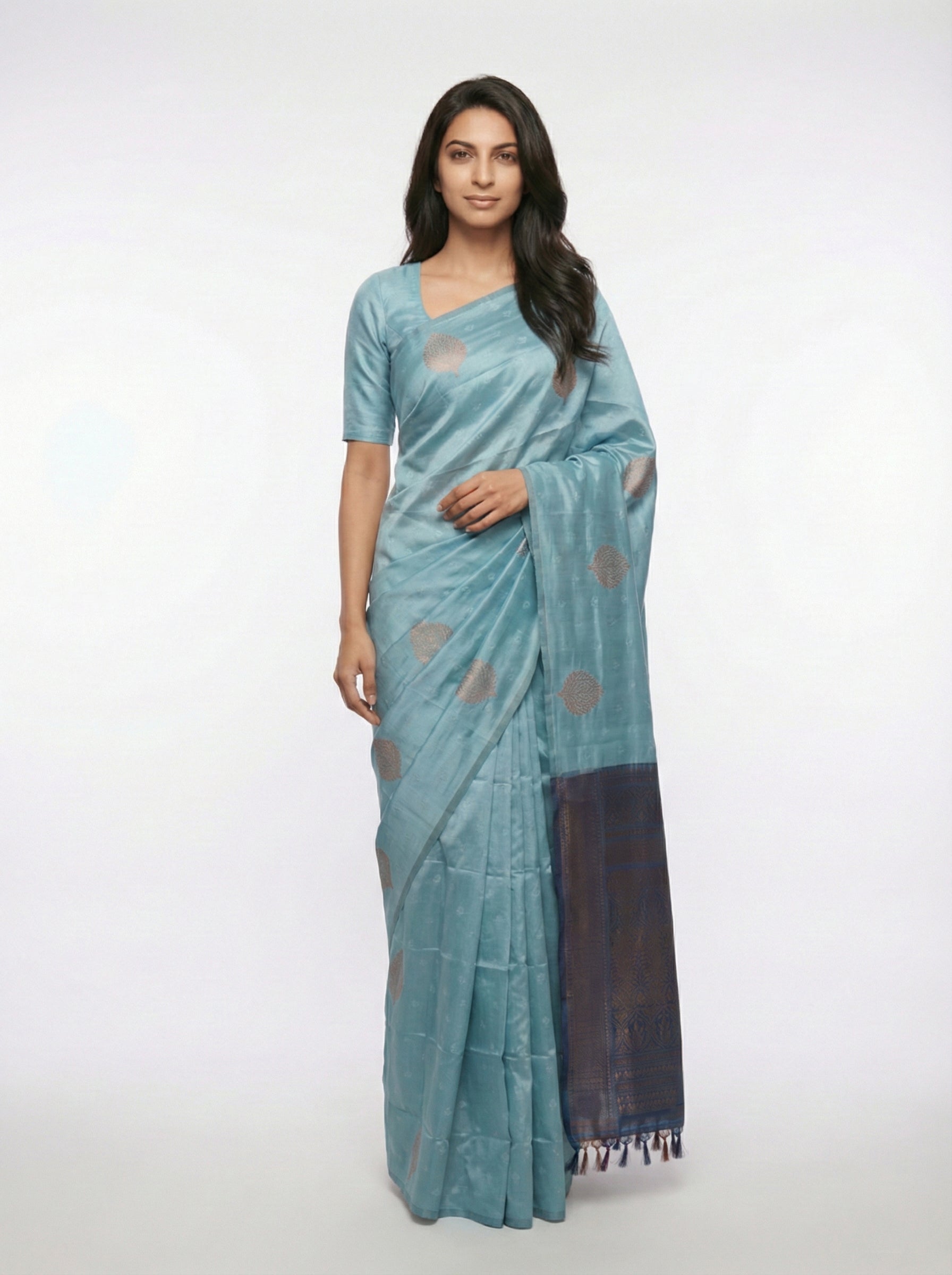 Semi Silk Women’s Pastel Blue Saree with Contrast Peacock Blue Blouse