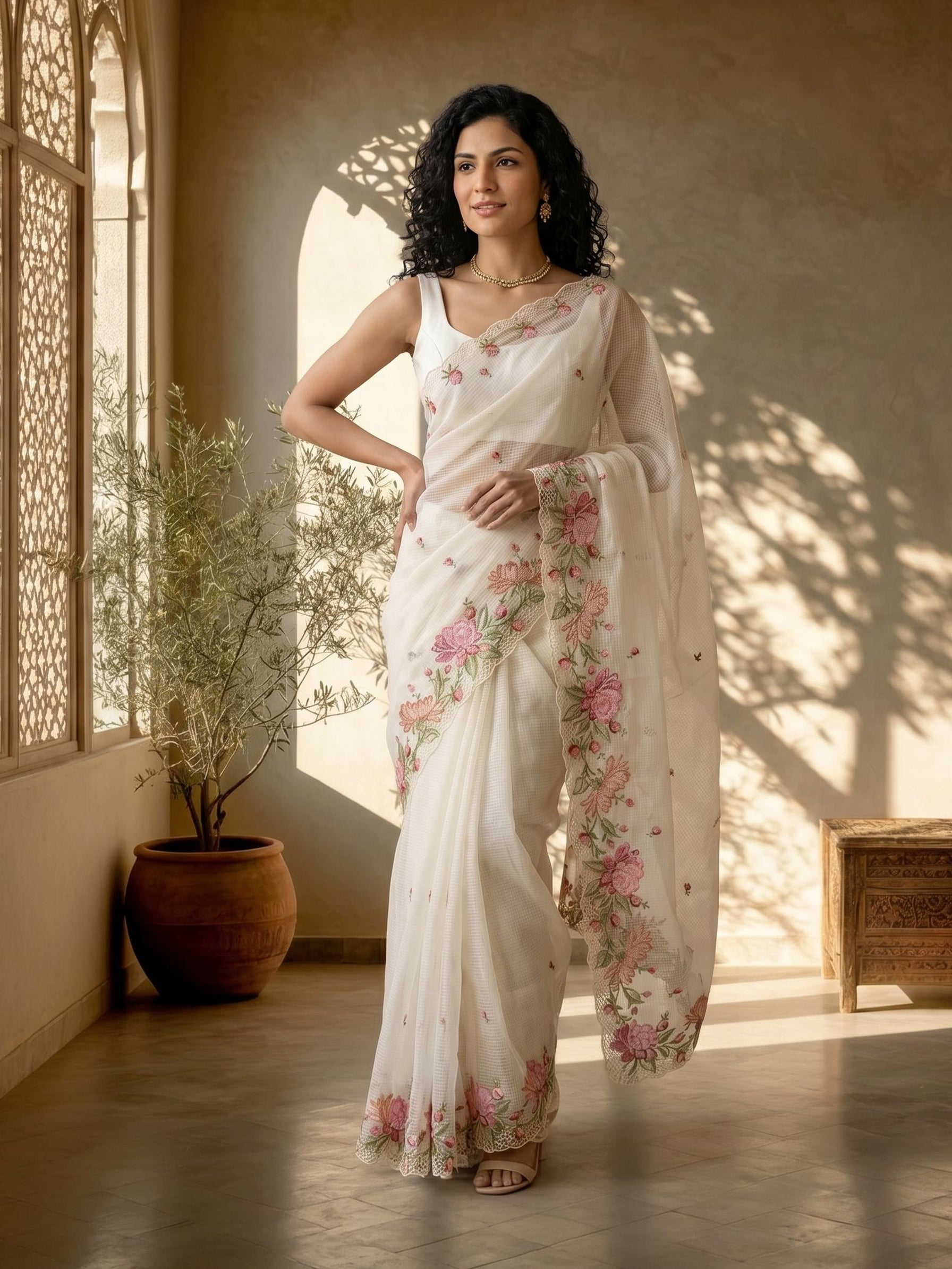 Woman in a floral saree standing in a sunlit room with plants.