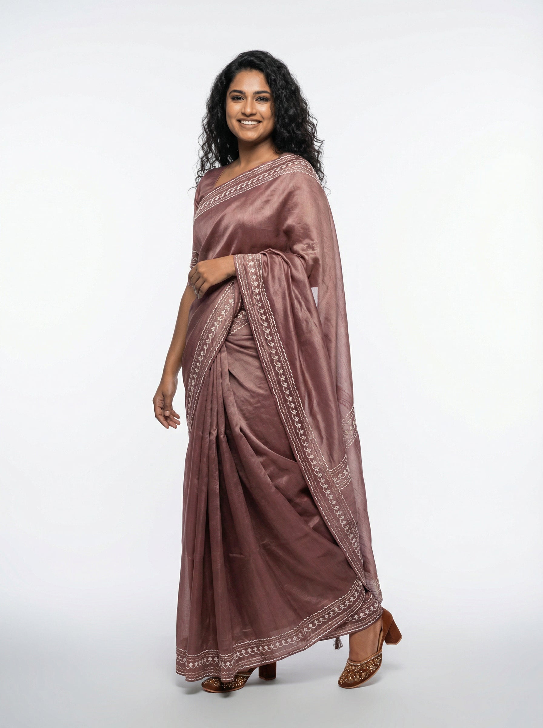 Shimmer Organza  Brown  Saree with Plain Border Blouse