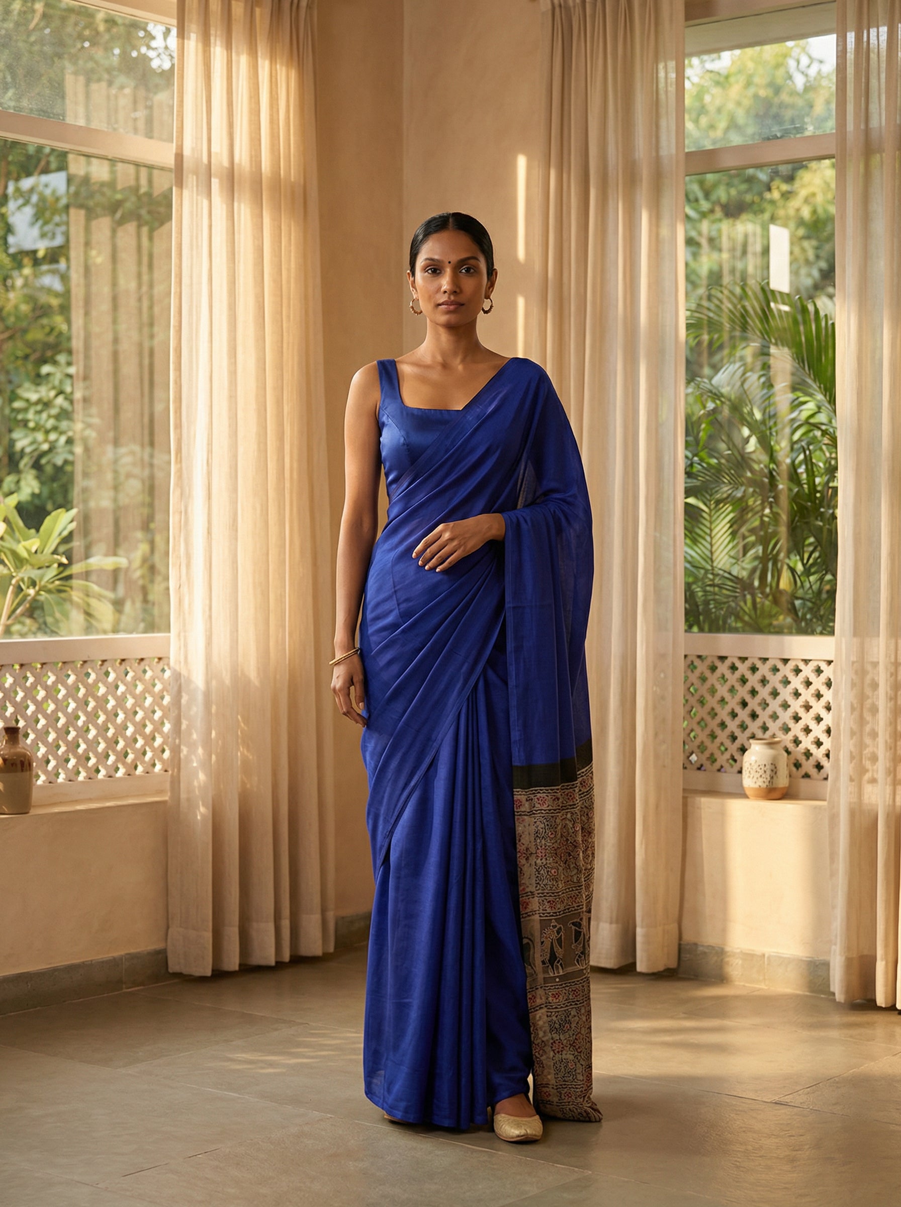 Modal Royal Blue Ajrakh Pallu Saree