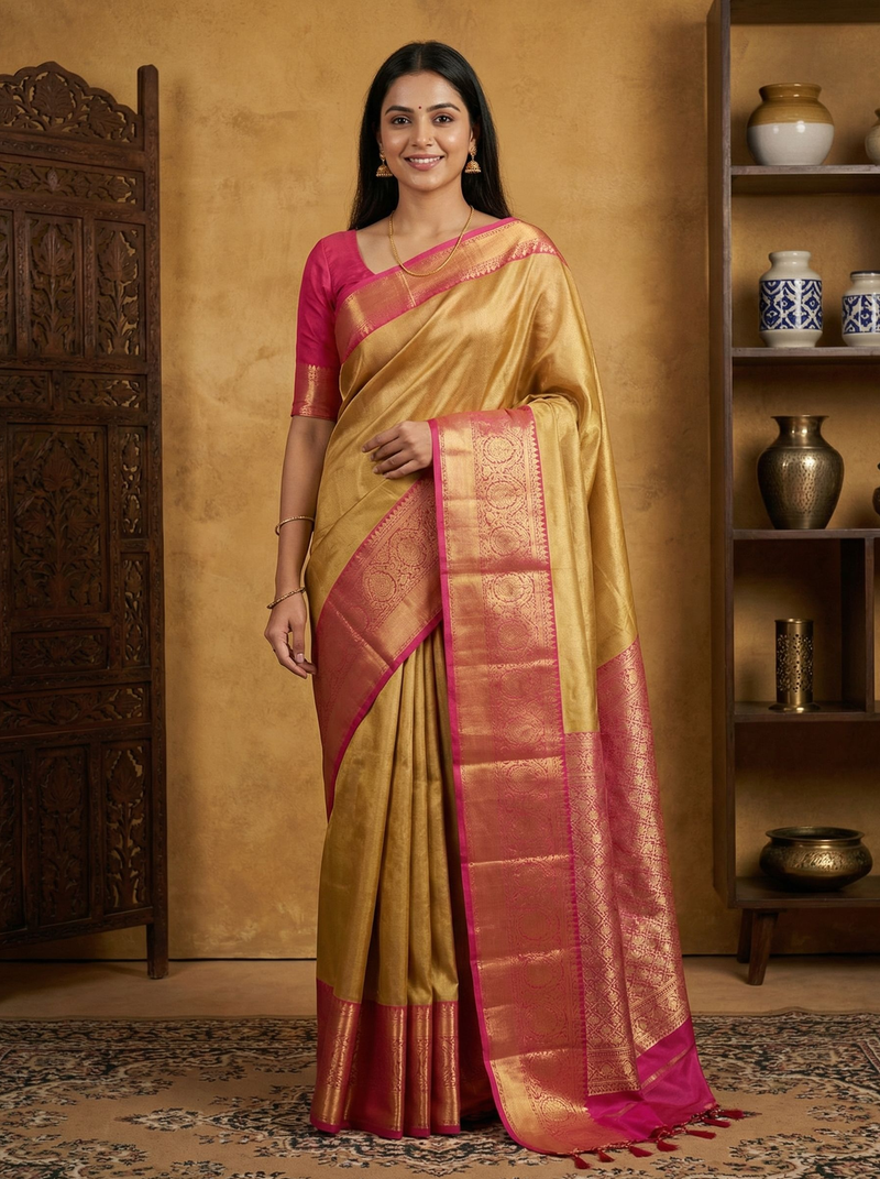 Woman wearing a traditional yellow and pink saree in a room with decorative elements.