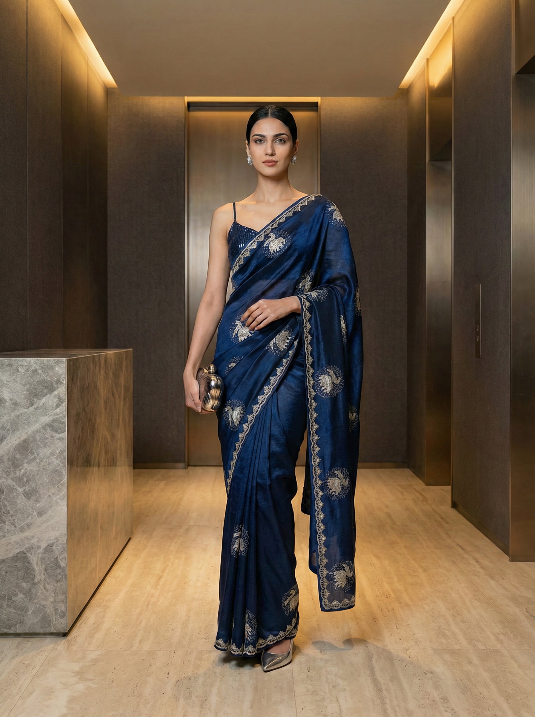 Organza Navy Blue Floral Motif Designer Saree