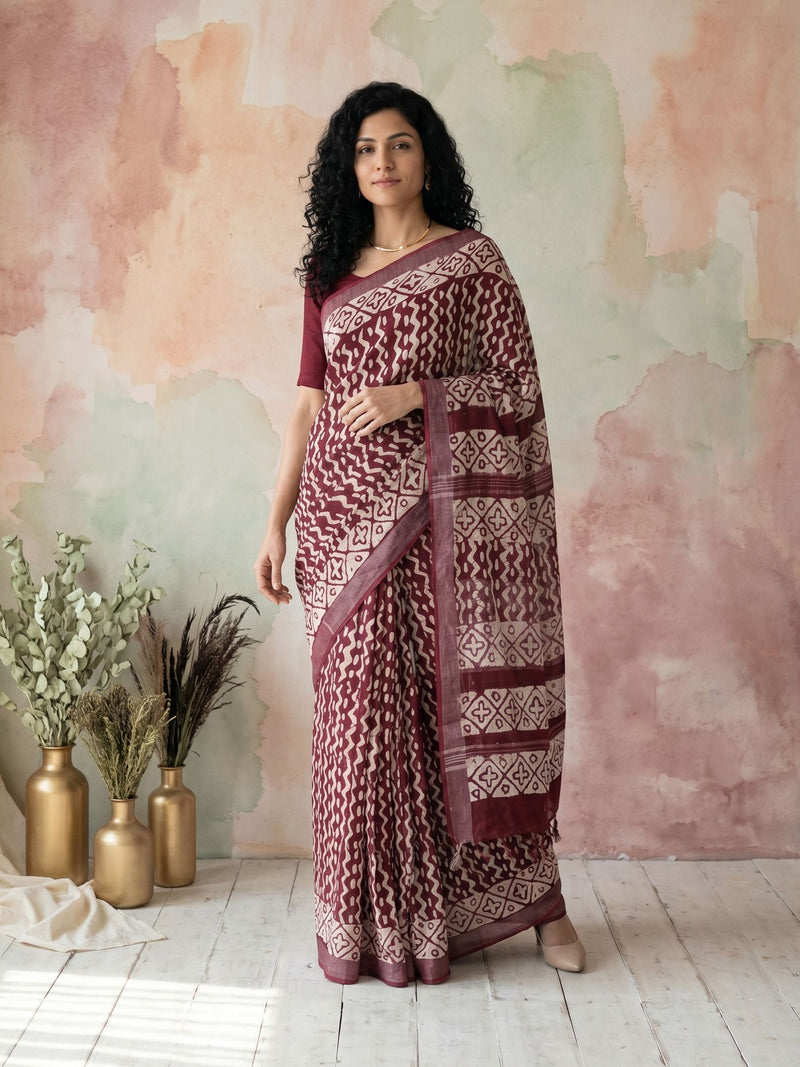 Woman wearing a patterned saree standing against a pastel-colored wall with decorative vases and plants.