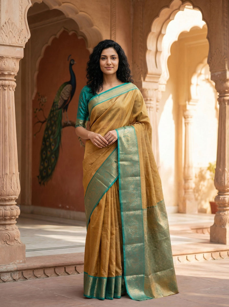 Woman in a traditional saree standing in an ornate architectural setting